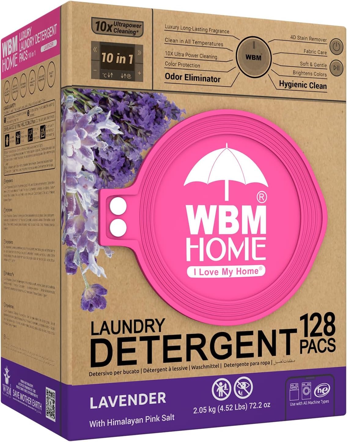 WBM 10-in-1 Laundry Detergent Pods, Fabric Softener with Lavender Extracts, High-Efficiency Laundry Pods with Powerful Stain Lifter Technology – 128 Count Bag
