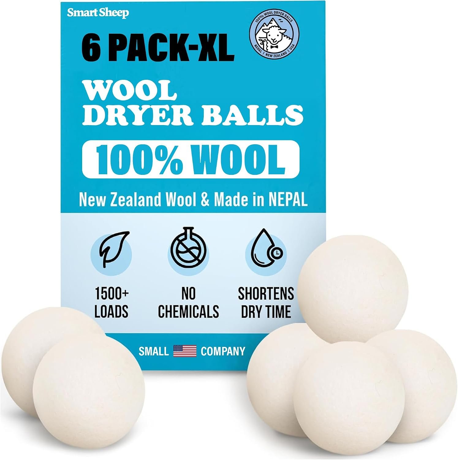 Wool Dryer Balls – Smart Sheep 6-Pack – XL Premium Natural Fabric Softener Award-Winning – Wool Balls Replaces Dryer Sheets – Wool Balls for Dryer – Laundry Balls for Dryer, 6 Count (Pack of 1)