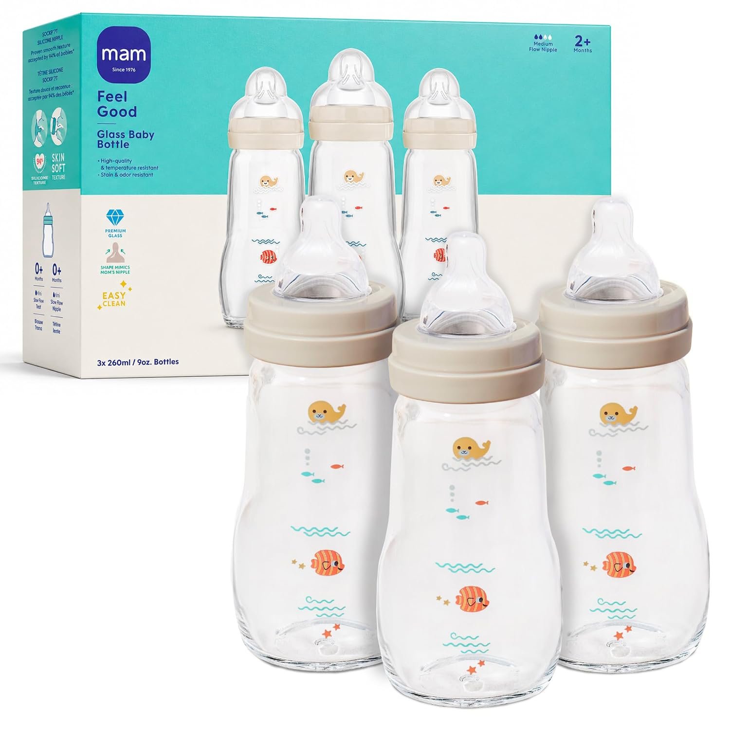 MAM 9oz Pure Glass Feel Good Anti-Colic 2+ Months Baby Bottle, 3 Pk, Unisex