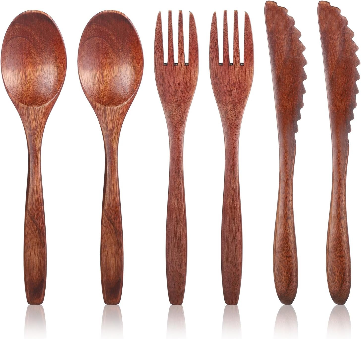 6 Pcs Wooden Utensils for Eating, Wooden Spoon Fork Cutlery Set