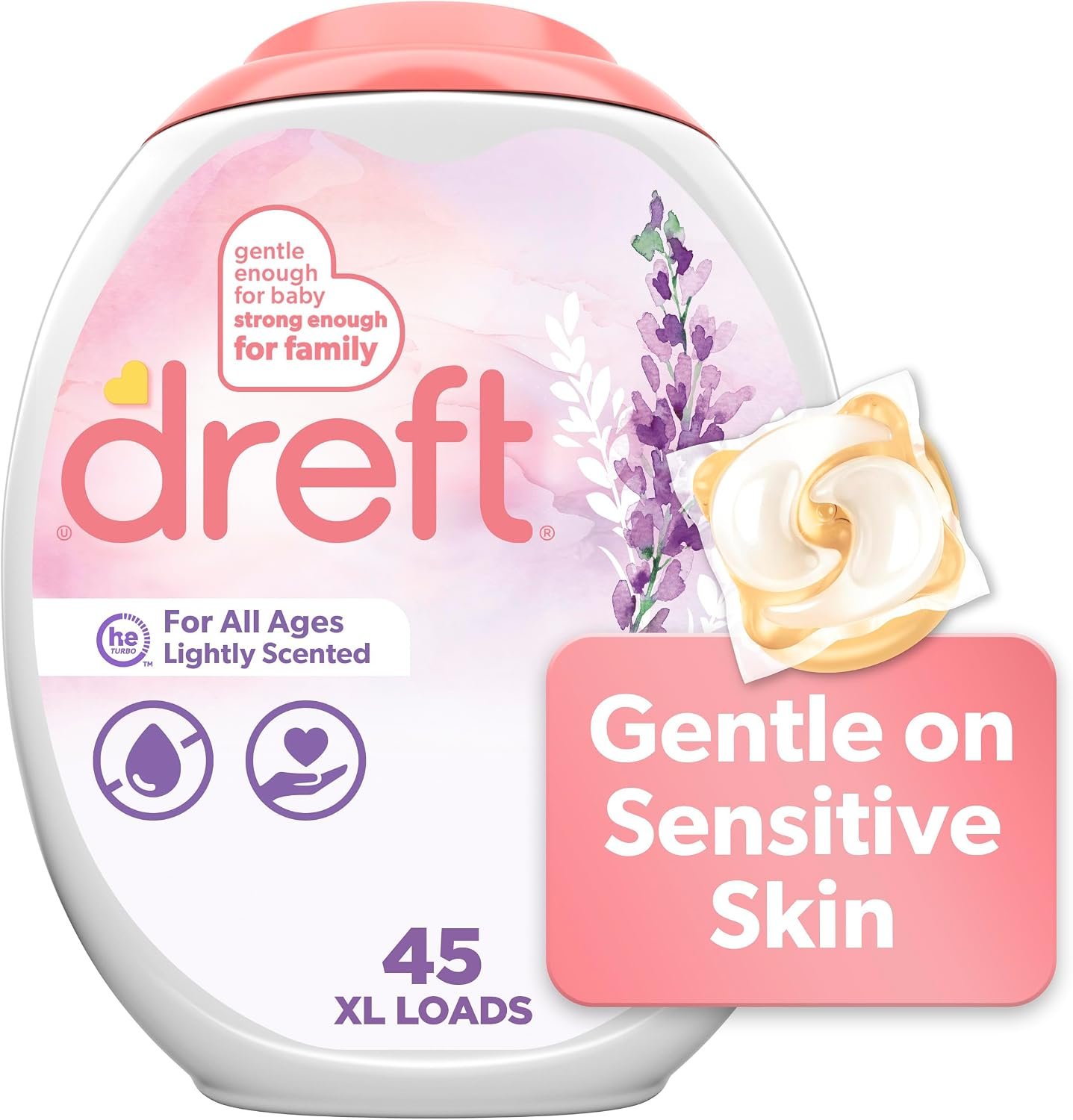 Dreft Laundry Detergent Pacs, Lightly Scented, Lavender, For Baby and Family, XL Pacs, 45 Count