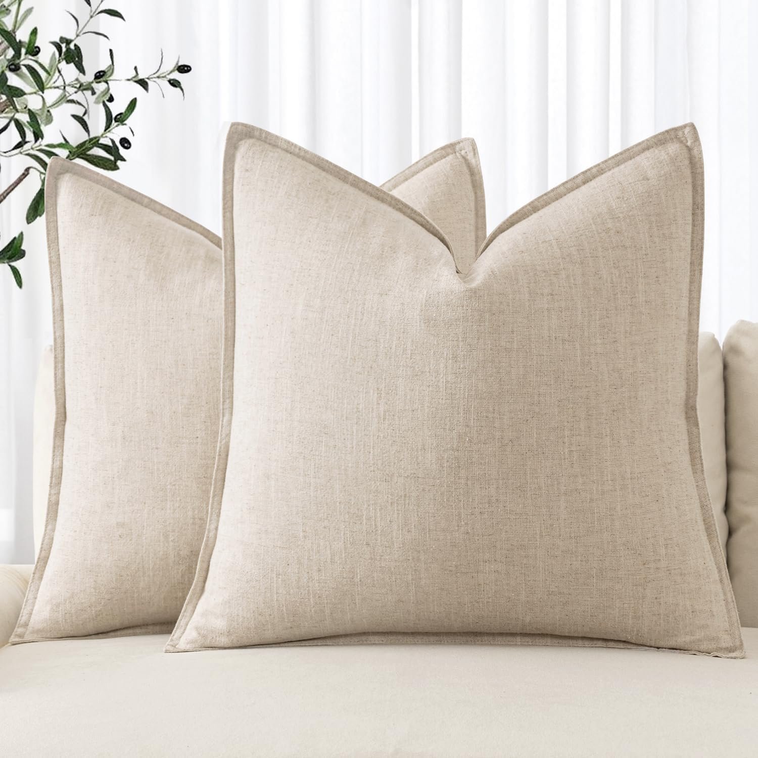 MIULEE Decorative Linen Pillow Covers 18×18 Inch Natural Beige