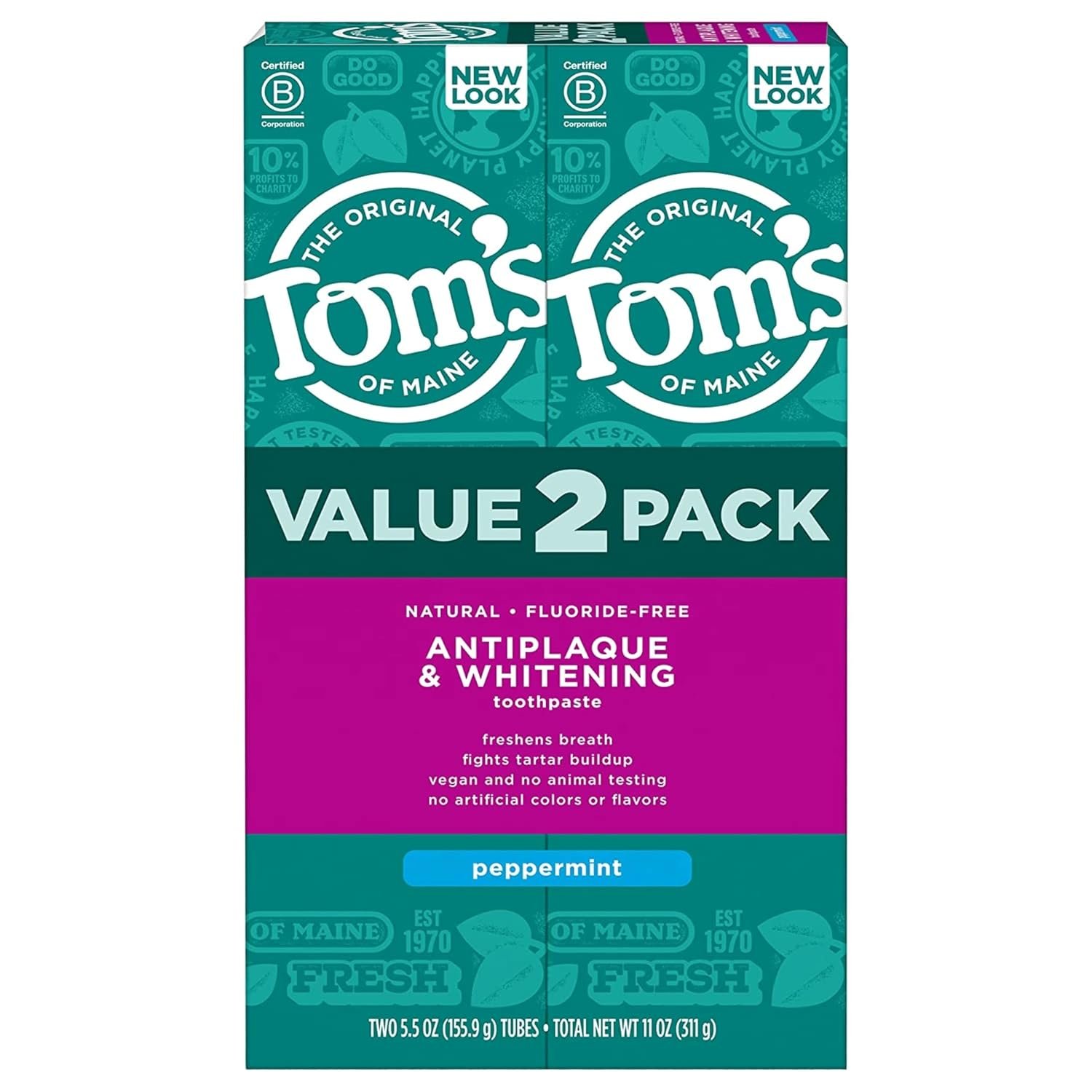 Tom’s of Maine Antiplaque and Whitening Toothpaste, Peppermint, 2Pk, 5.5 oz