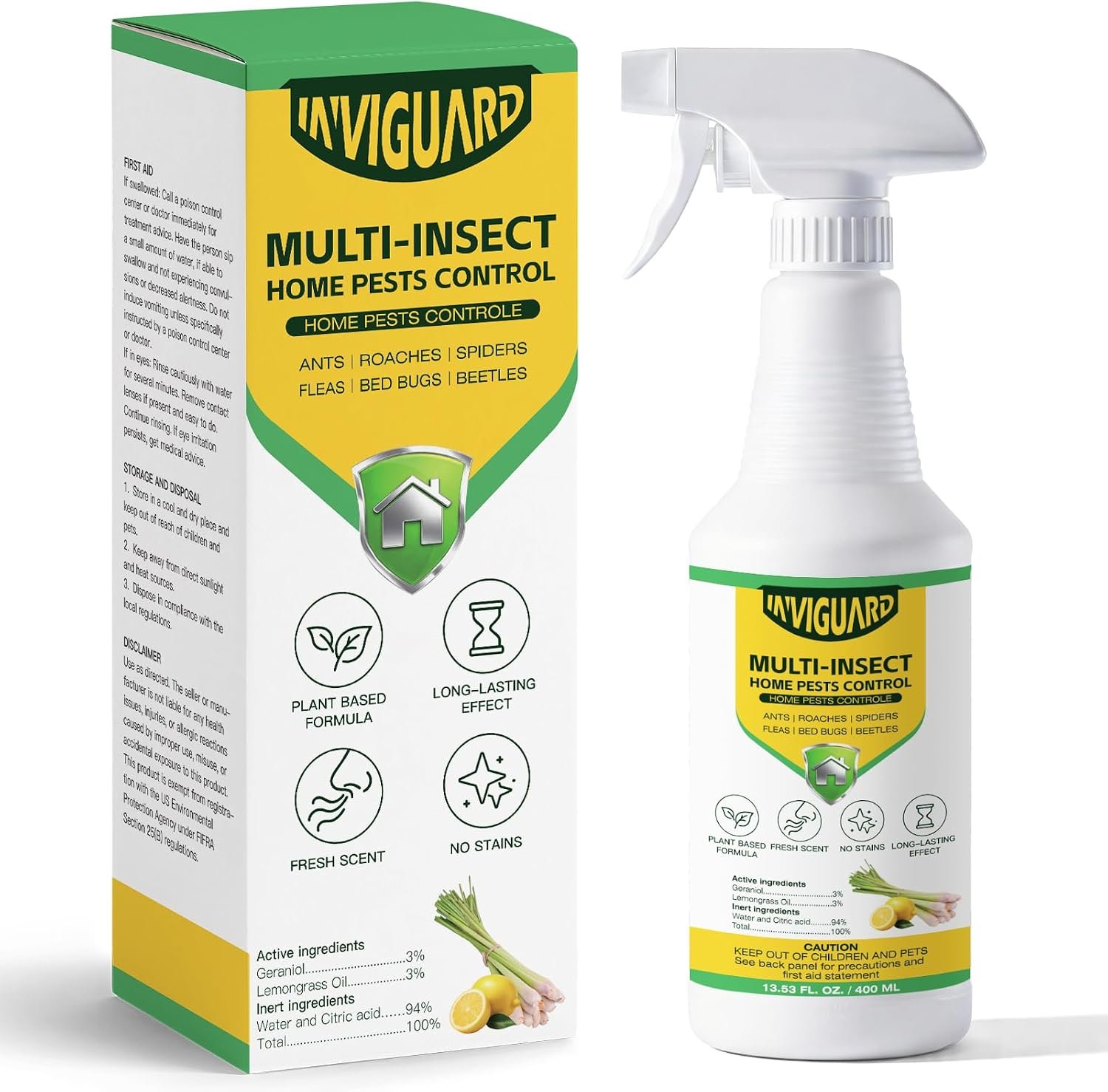 Lemongrass Oil Insect & Spider Repellent Spray Indoor & Outdoor Bug Control for Spiders, Ants, Roaches, Fleas, Bed Bugs, and More Plant-Based Formula 13.5 oz