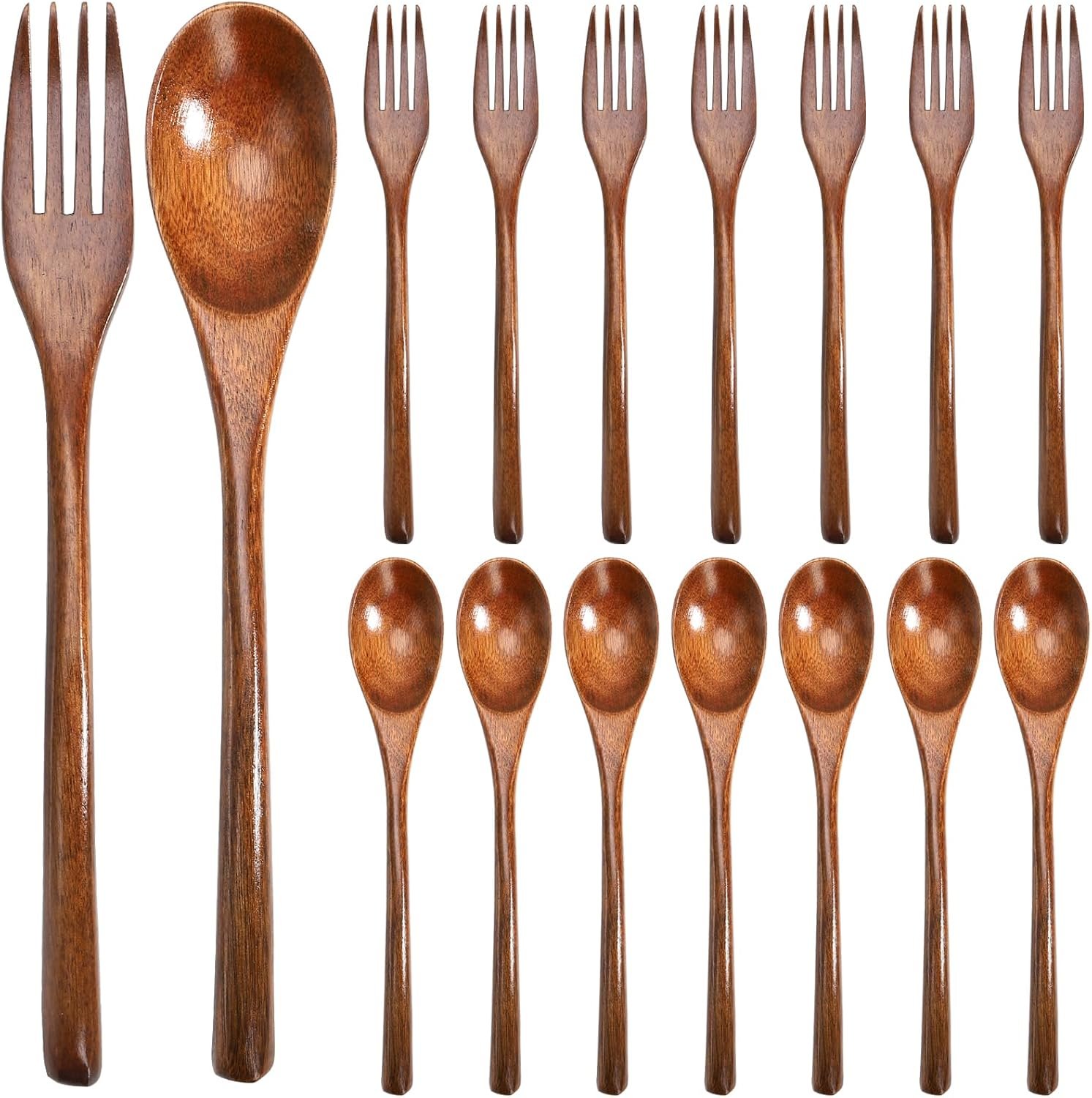 16 Pcs 9″ Wooden Spoons Forks Set, Wood Dinner Utensil Set for Eating, Kitchen Reusable Flatware Tableware, Natural Cutlery Include 8 Spoons and 8 Forks, for Cooking Home Restaurant, Brown