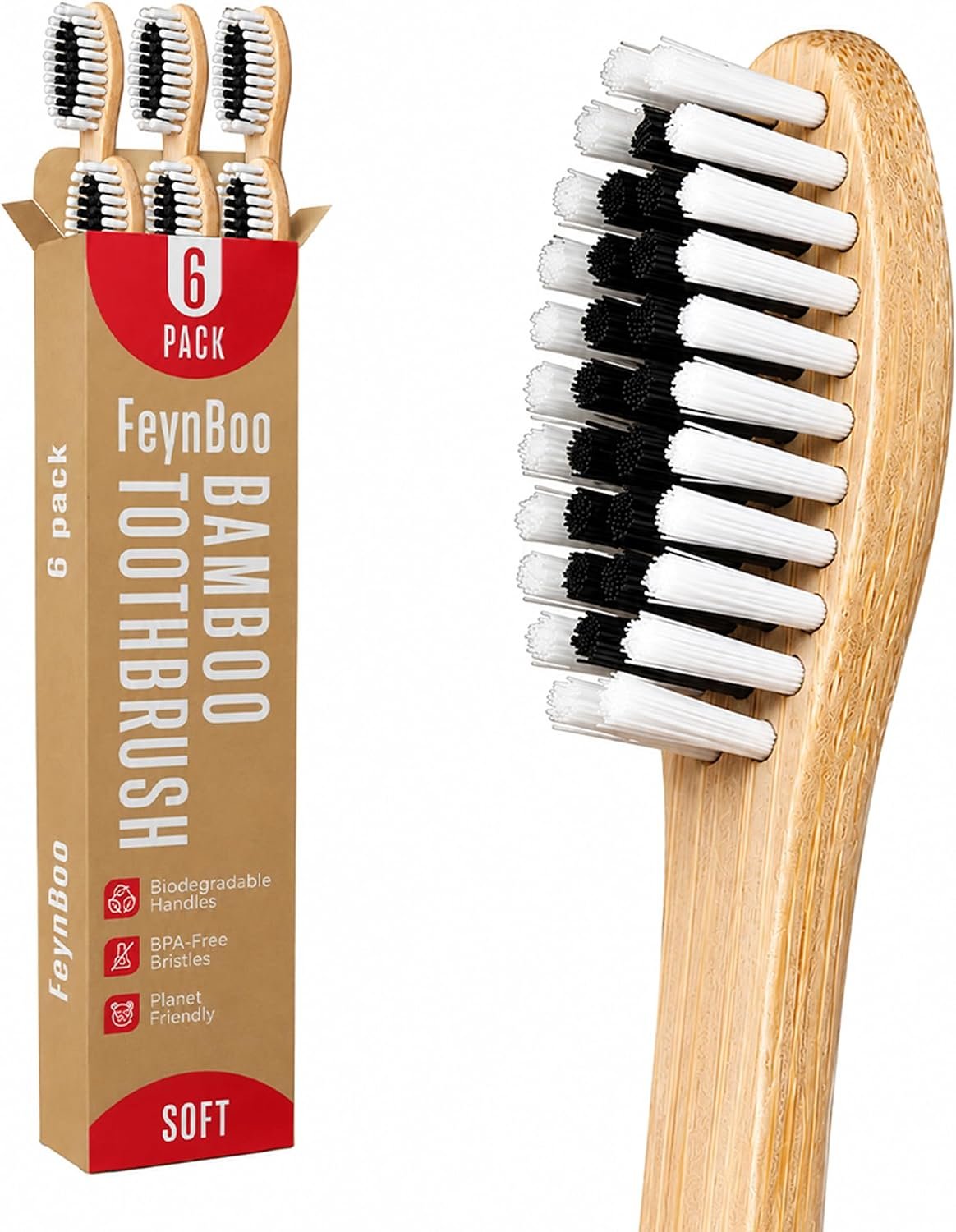 Bamboo Toothbrushes Soft Bristles 6 Pack – BPA Free Bristles Toothbrushes Teens and Adults – Eco-Friendly, Natural Wooden Toothbrush (Light Brown, Black, White).