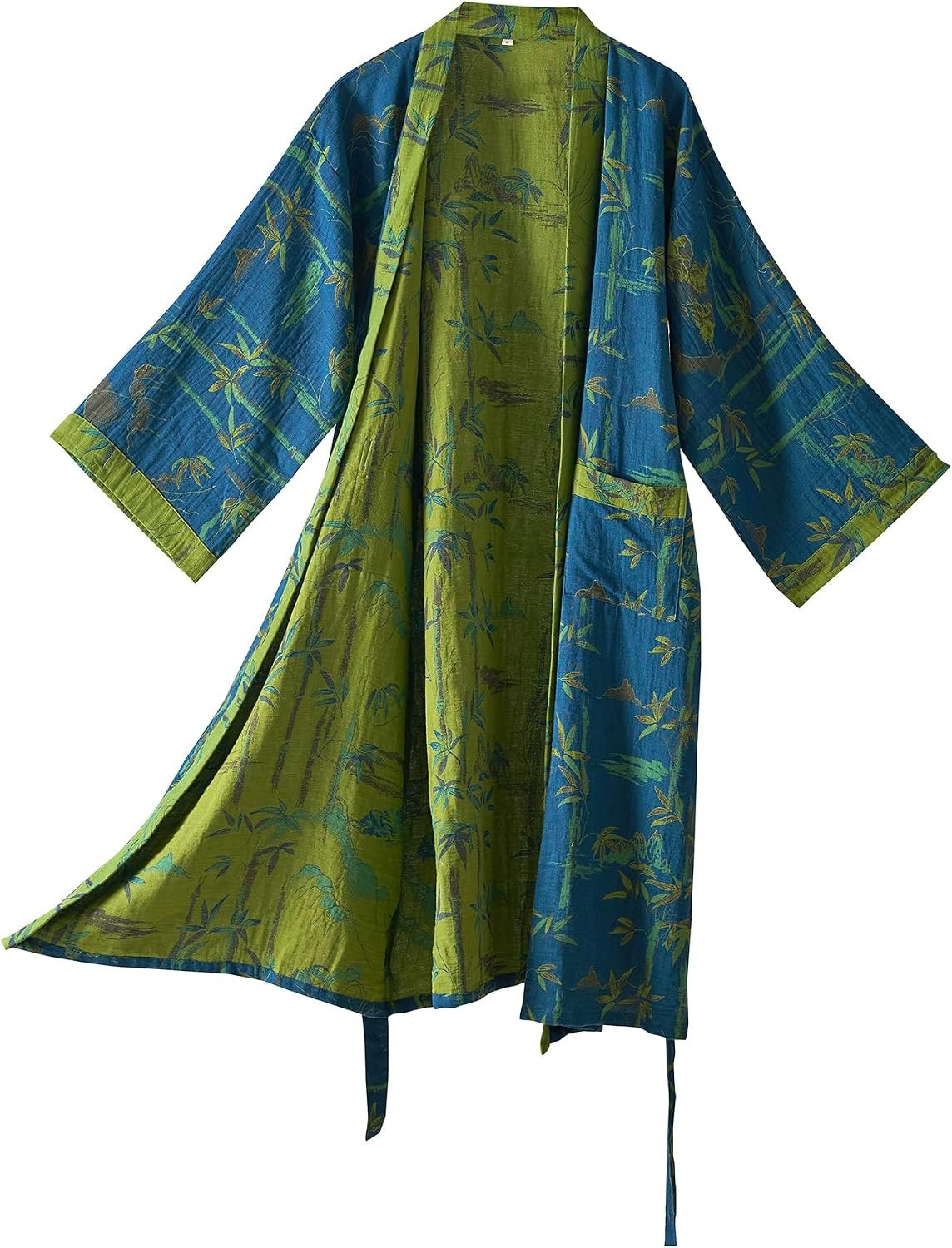 100% Cotton Gauze Ginkgo Leaf Kimono Robe, Long Knit Loose Loungewear Bathrobe Nightgown Ladies Sleepwear for Women