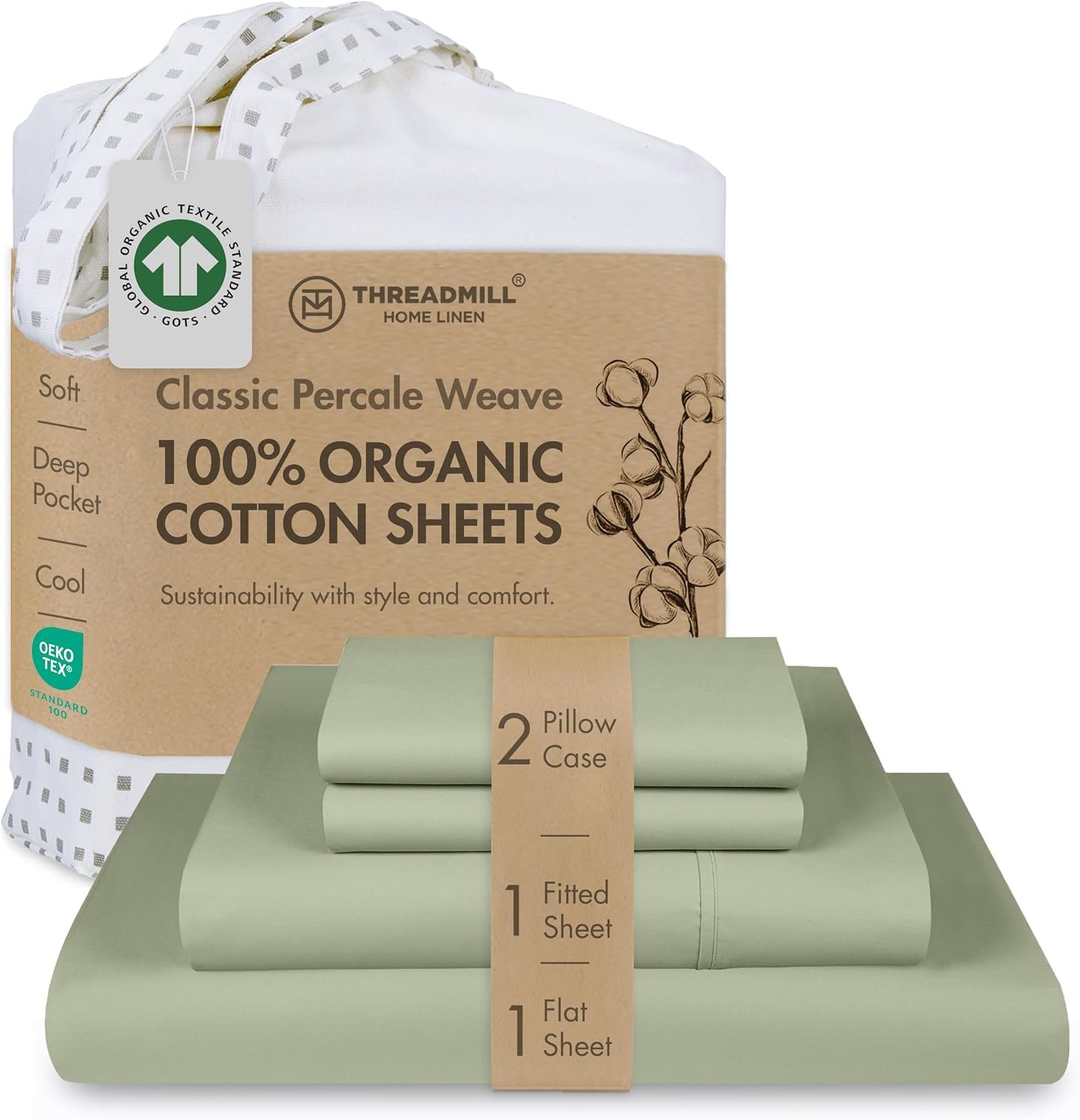 Threadmill Organic Cotton Queen Sheet Set, Percale, Sage Green, 4-Piece