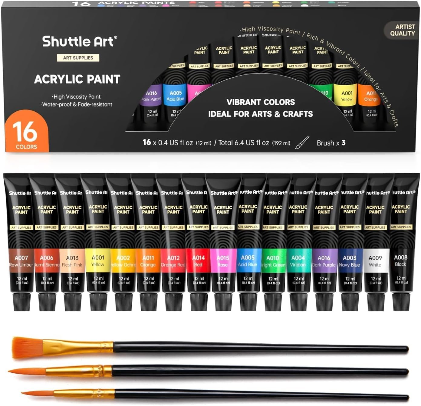Shuttle Art Acrylic Paint Set, 16 x12ml Tubes Artist Quality Non Toxic Rich Pigments Colors Great for Kids Adults Professional Painting on Canvas Wood Clay Fabric Ceramic Crafts