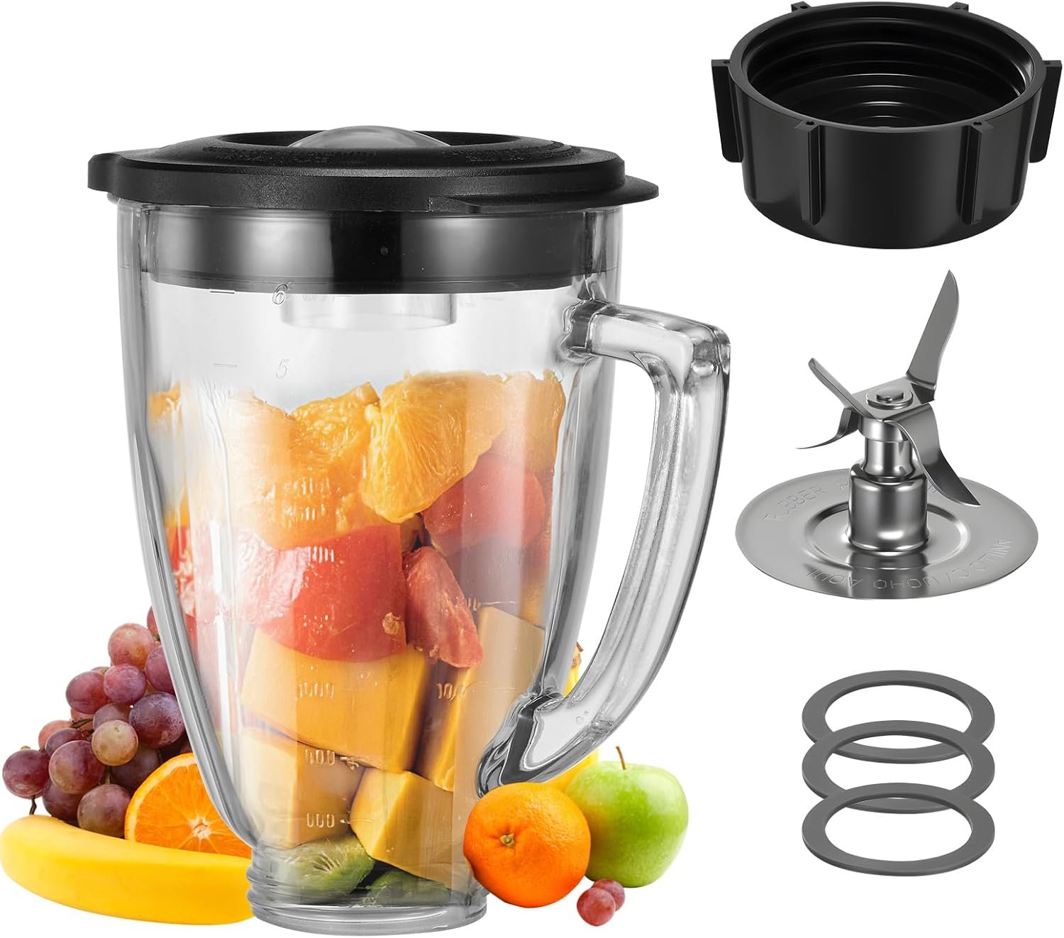 6 Cup Blender Glass Jar with Blade，Including 1 glass jar with lid 1 4fins blade 1 blender jar base 3pcs seal gasket. Replacement Parts for Oster Osterizer (NOT fit Pro, Master or Versa models)