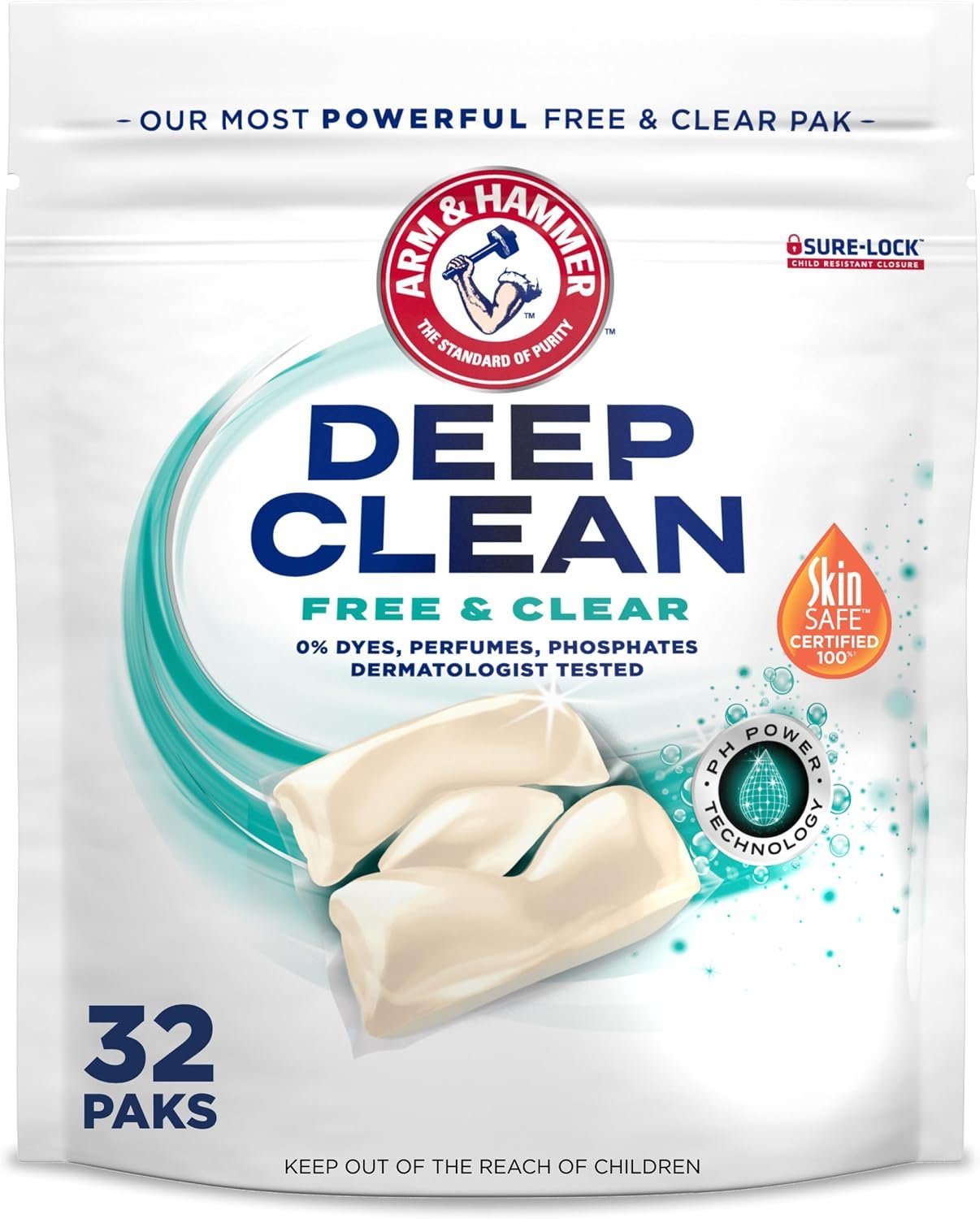 ARM & HAMMER Deep Clean Free & Clear Laundry Detergent Power Paks, 32 Count