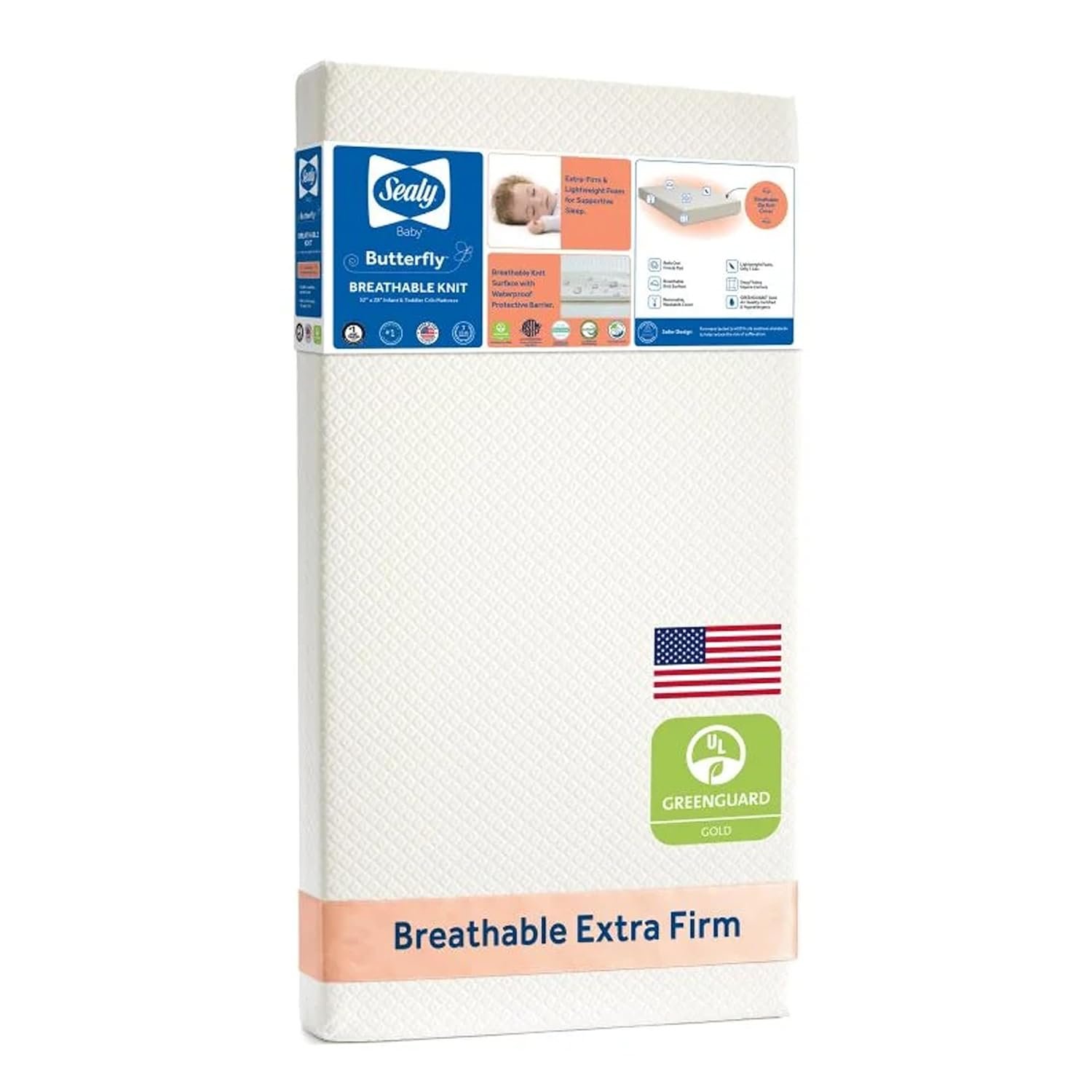 Sealy Baby Infant & Toddler Crib Mattress – Butterfly Knit Premium Foam, Waterproof and Breathable, Non Toxic Washable Zip Off Cover, GREENGUARD Gold Certified, Made in USA, 52×28
