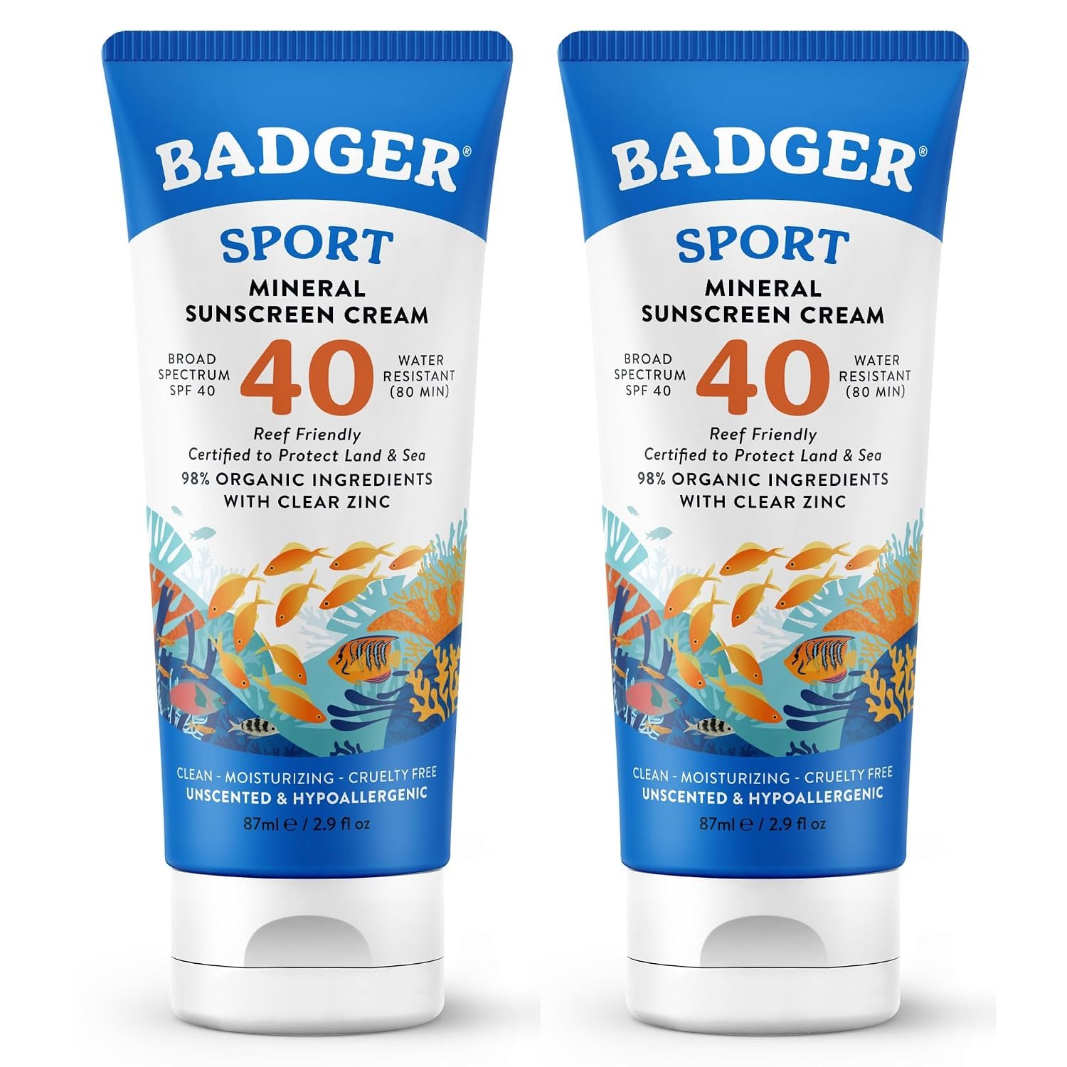 Badger Sport Mineral Sunscreen SPF 40, Zinc Oxide, 2.9 fl oz (2-Pack)