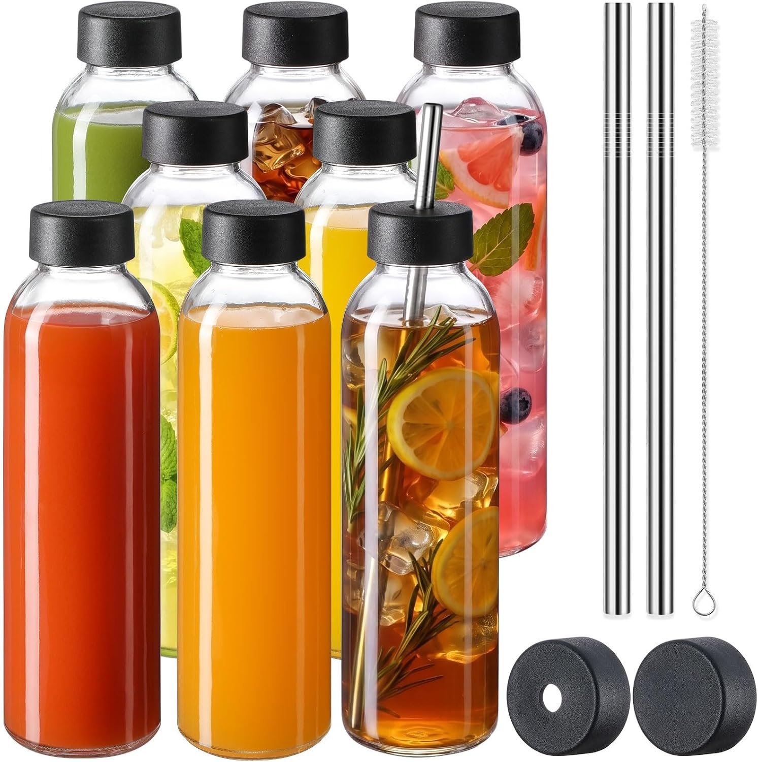 [UPGRADED LID] 8 Pack 18 oz Glass Juice Bottles with 8 Airtight Lids &2 Straw Hole Lids &2 Straws, Reusable Drinking Jar, Clear Water Bottles for Juicing, Smoothies, Refrigerator & Travel – BPA Free