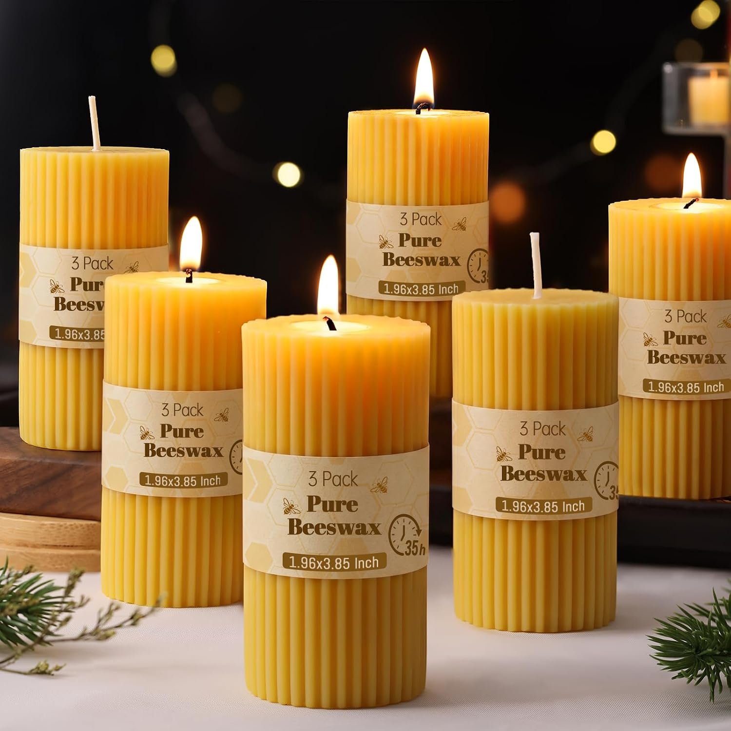 6 Pack Ribbed Beeswax Pillar Candles, Pure Bees Wax Candles