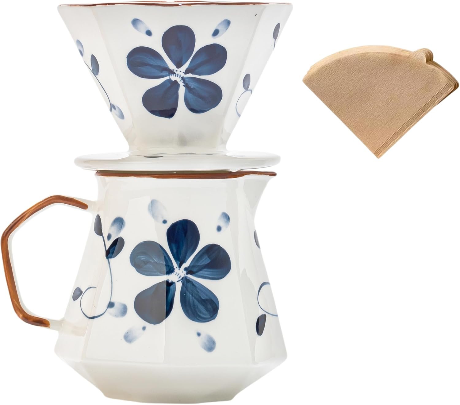 Pour Over Coffee Maker,Ceramic Coffee Maker With 40 pcs Paper Filter，20oz/600ml Pour Over Coffee Dripper (Blue and white)