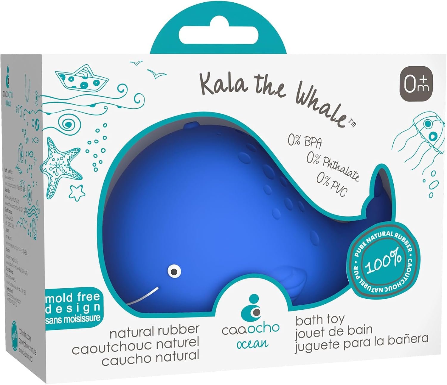 caaocho Pure Natural Rubber Bath Toy – Kala the Whale Baby Toy – Hole Free, BPA Free Bath Toys for Infants, Without Holes Sealed Natural Rubber