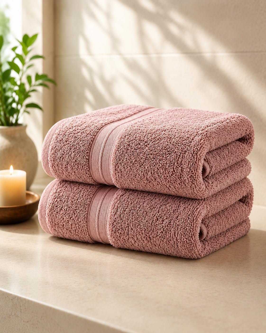 XL Bath Sheet, 650 GSM Ultra Plush, 70% Bamboo 30% Cotton, Highly Absorbent, Quick Dry, Powder Pink and Chocolate Brown (Powder Pink), Bath Towel, Soft, Luxury, Thick