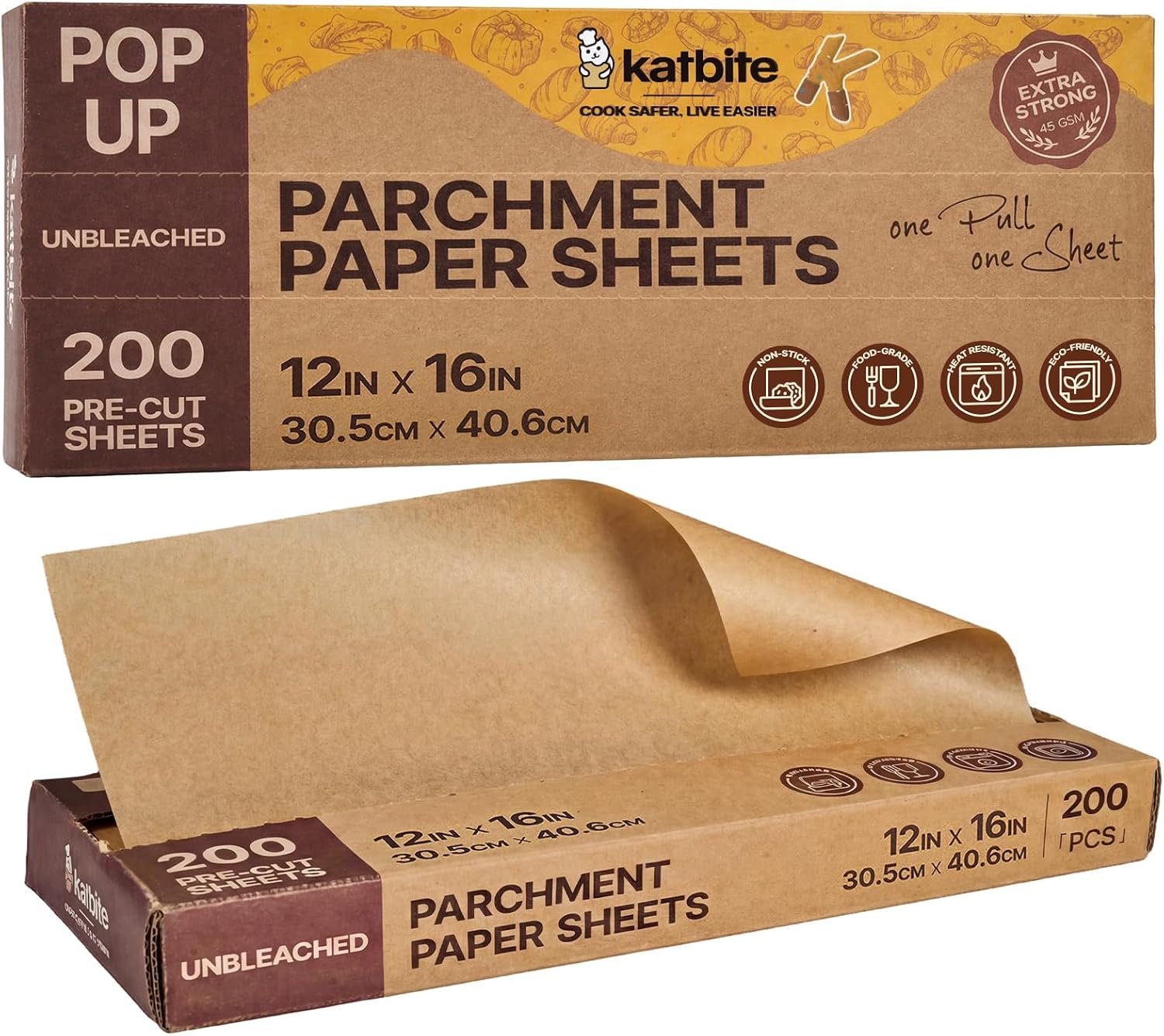 Katbite Parchment Paper Sheets Pop-Up 200 PCS, 12×16 Inches Precut Unbleached Baking Parchment, Extra Strong, Non-stick, Non-toxic, Heavy Duty Flat Baking Paper for Oven, Cooking, Grilling, Air Fryer