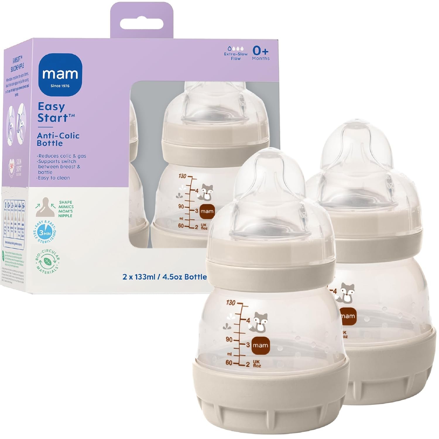 MAM 4.5oz Easy Start Anti-Colic+ Vented Baby Bottle, 0+ Mths, 2 Pk, Unisex