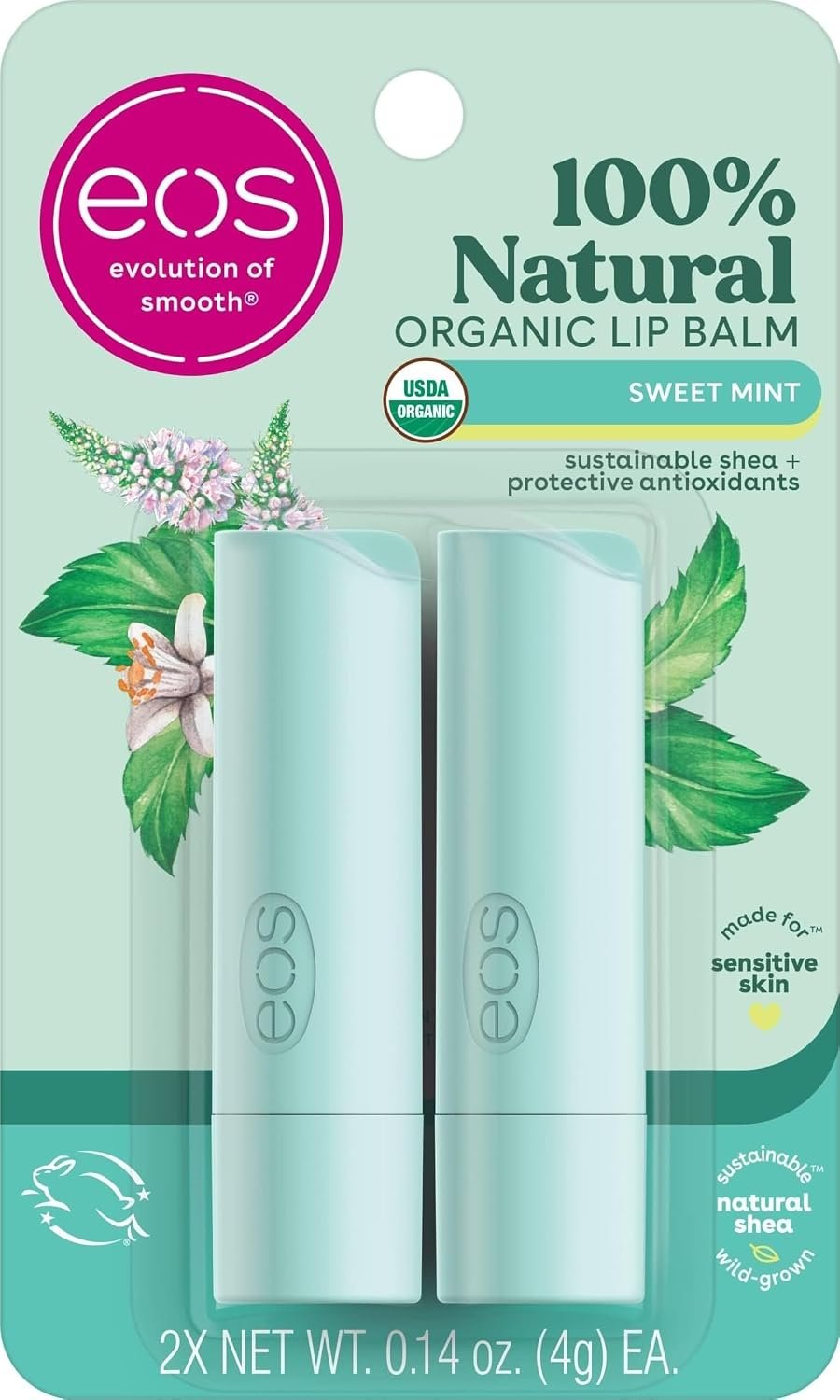 eos 100% Natural & Organic Lip Balm Sticks, Sweet Min, 0.14 oz, 2-Pack