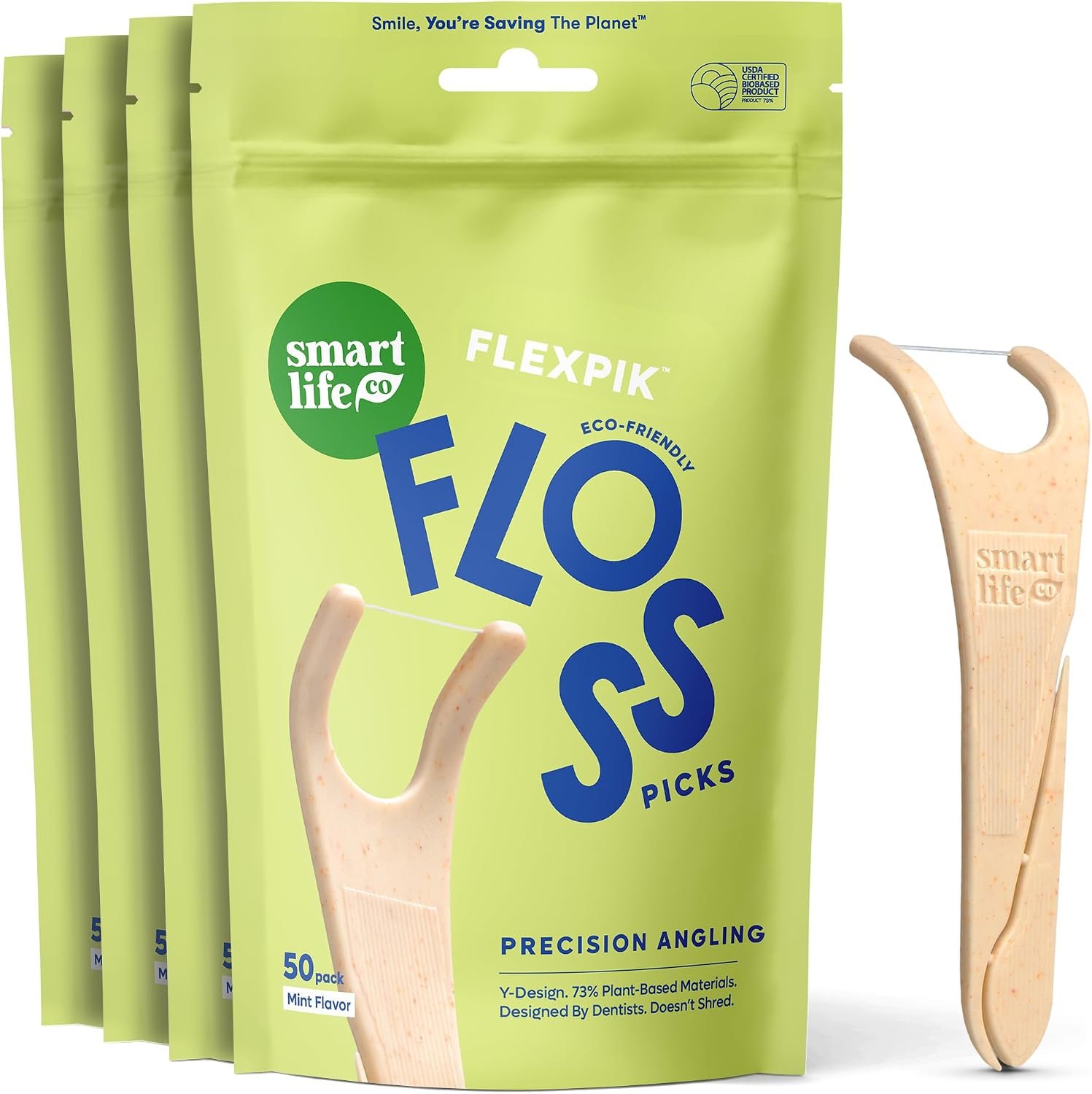 SmartLifeco Eco-Friendly Angled Dental Floss Picks (200ct) – Made with Straw Wheat Blend, Superior Anti-Shred Thread for Molars & Back Teeth, Tooth Pick Stick for Adults, Soft on Gums, Vegan, Mint