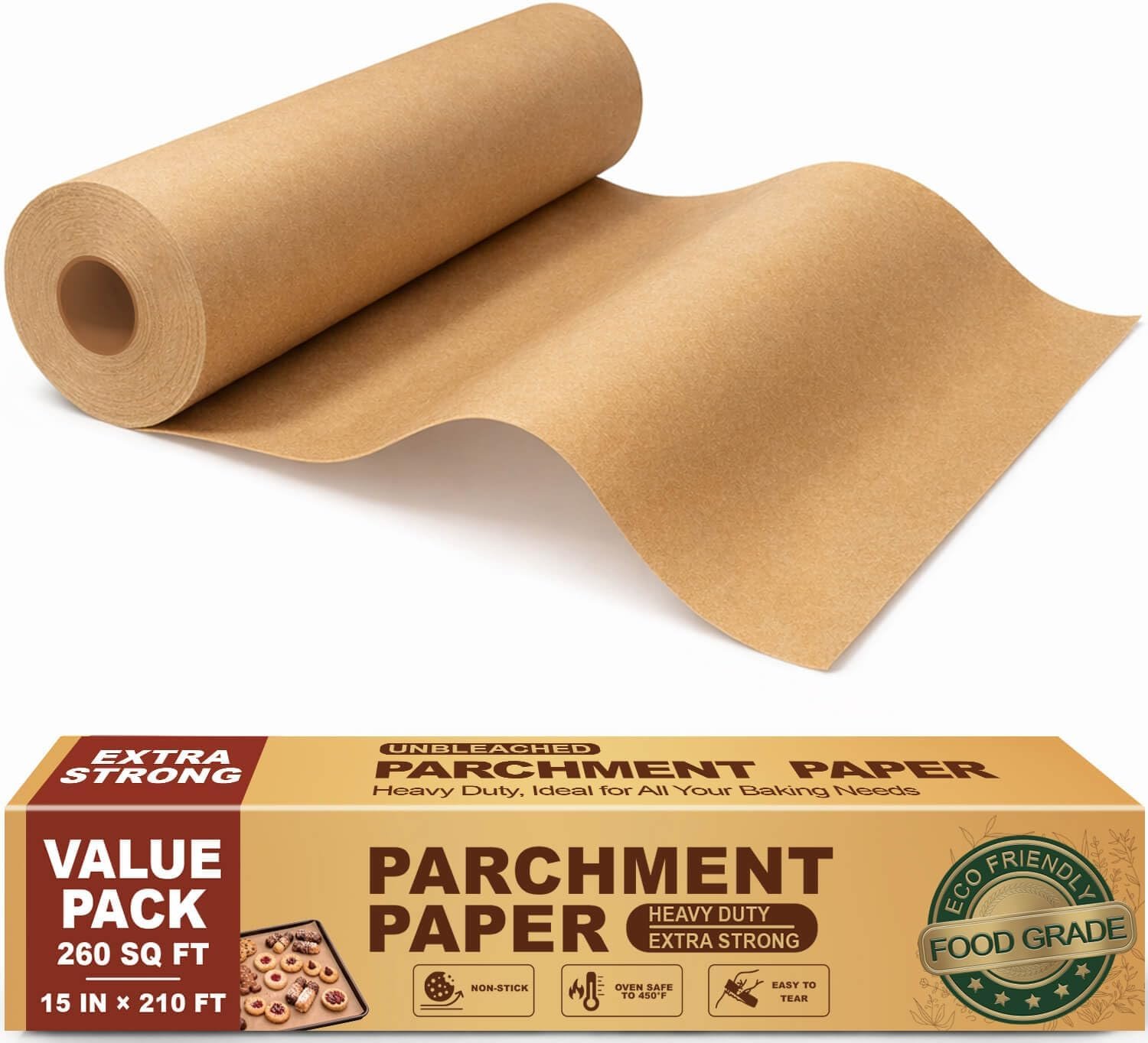 Unbleached Parchment Paper Roll, 15 x 210 ft, 260 Sq.Ft, Non-Stick