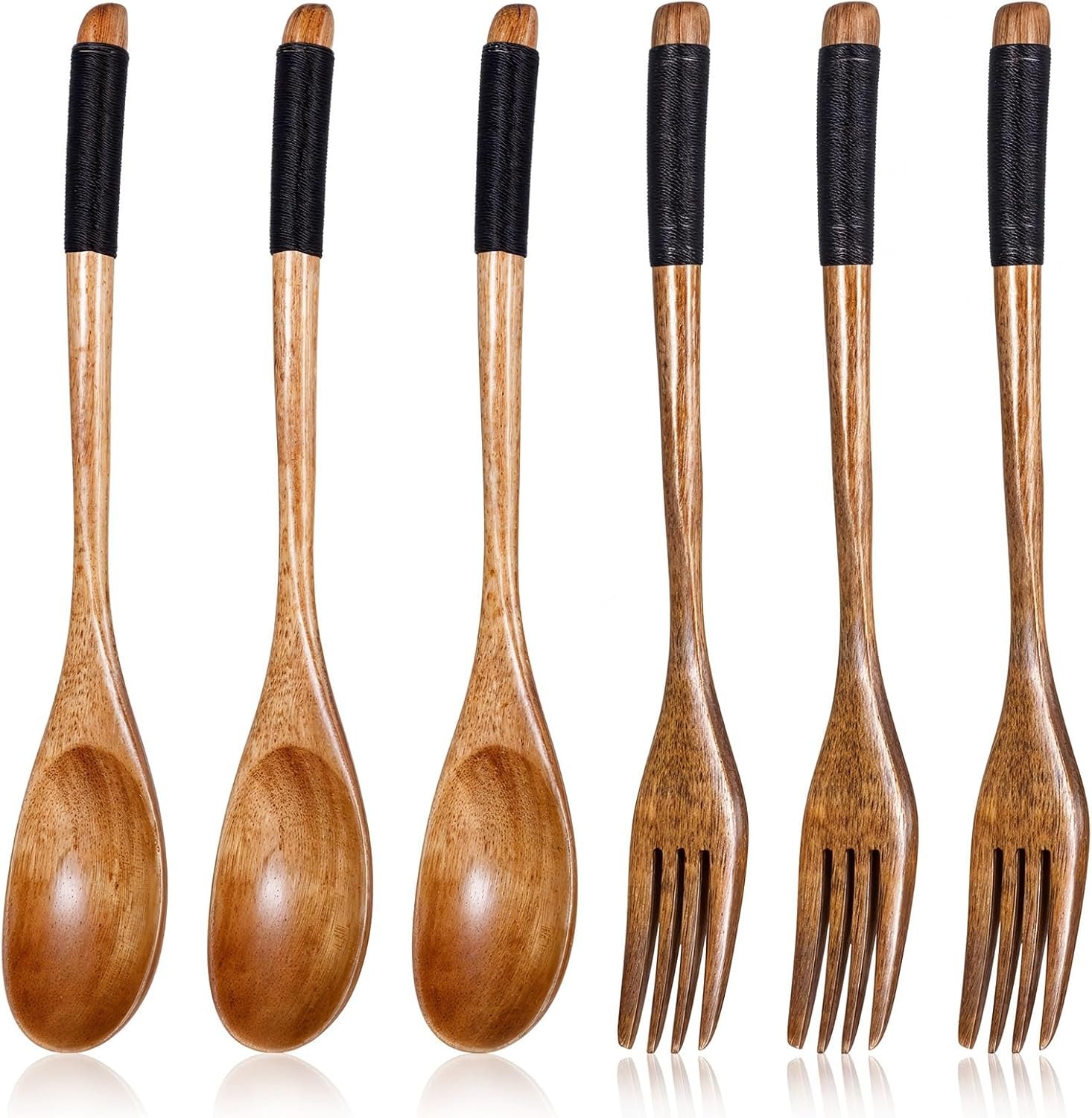 6 PCS Kitchen Wood Dinner Flatware Tableware Set, Wooden Spoon and Fork for Eating Utensil Set Wooden Utensils for Eatings, Reusable Bamboo Eat Utensils for Cooking Eating Kitchen
