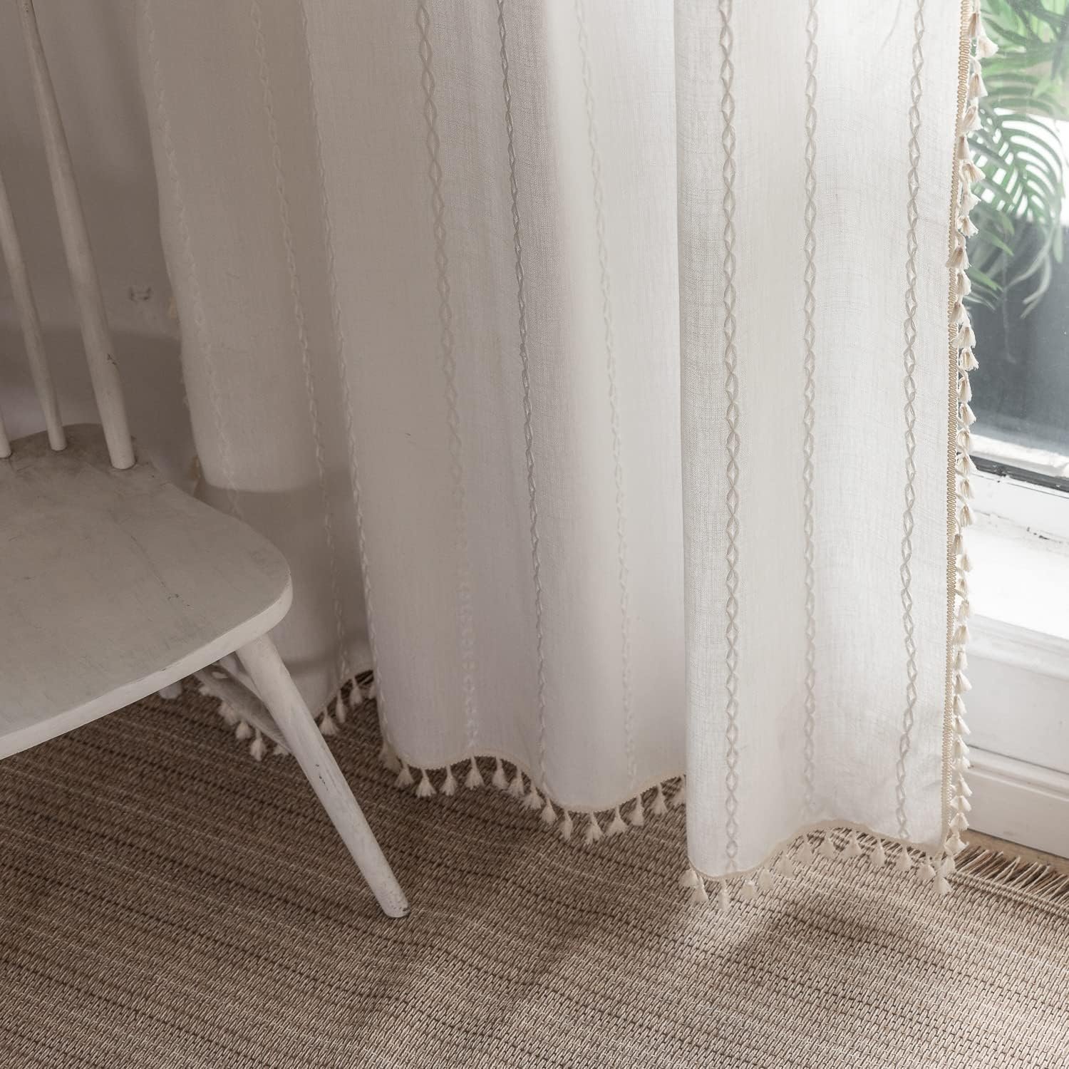 Boho Curtains – Embroidery Linen and Cotton 63 Inch Length 2 Pannels for Living Room, Cream Off White Light Filtering Farmhouse Curtains with Rod Pocket Draperies 52″ W x 63″ L