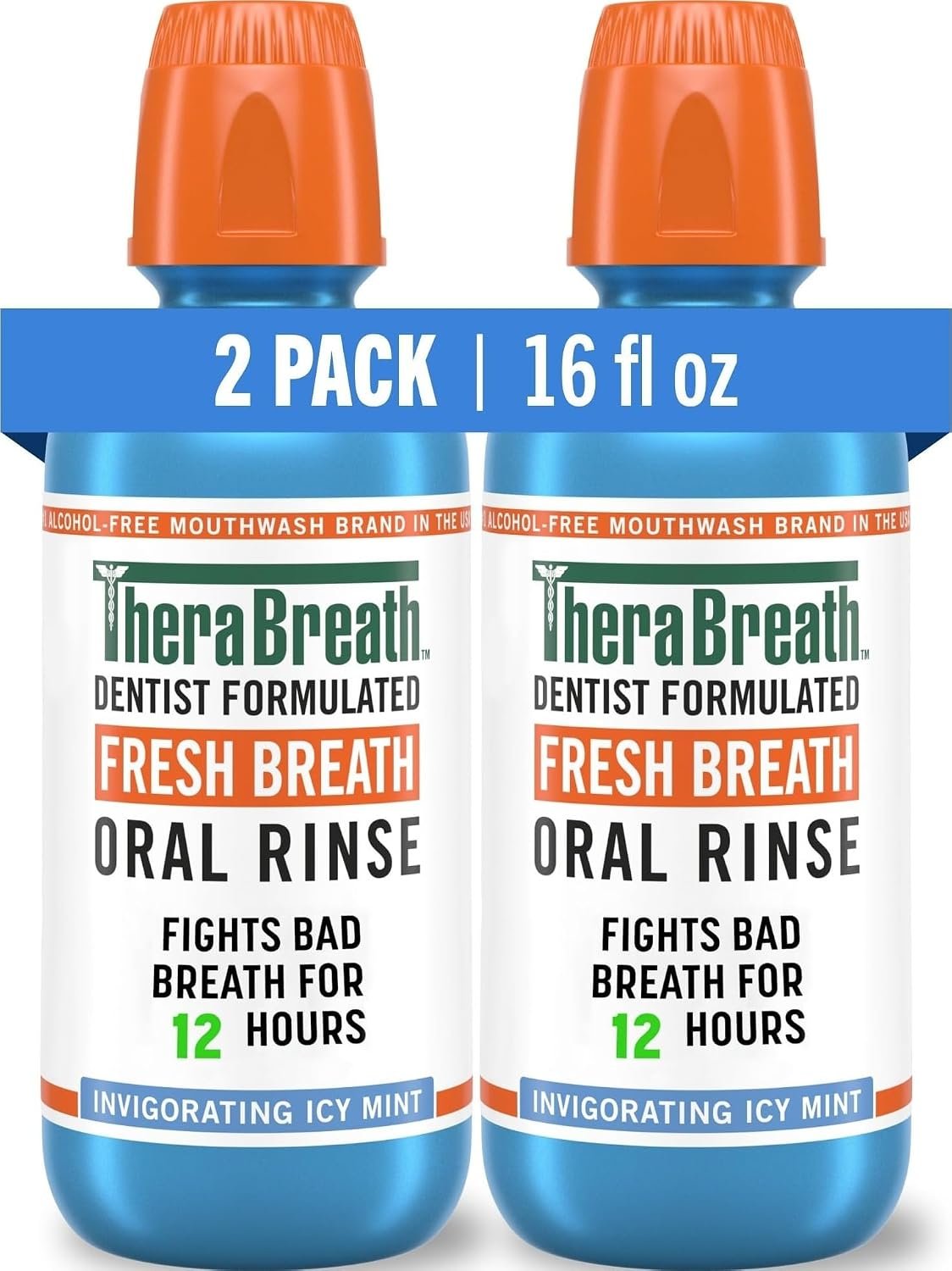 TheraBreath Fresh Breath Mouthwash, Icy Mint Flavor, Alcohol-Free, 16 Fl Oz (Pack of 2)