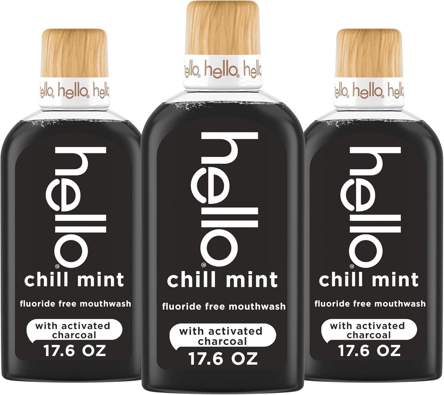 Hello Chill Mint Alcohol Free Mouthwash with Activated Charcoal, 17.6 Fl Oz, Fluoride Free Mouthwash with Farm Grown Mint and Coconut Oil, Vegan, Minty Oral Rinse (Pack of 3)