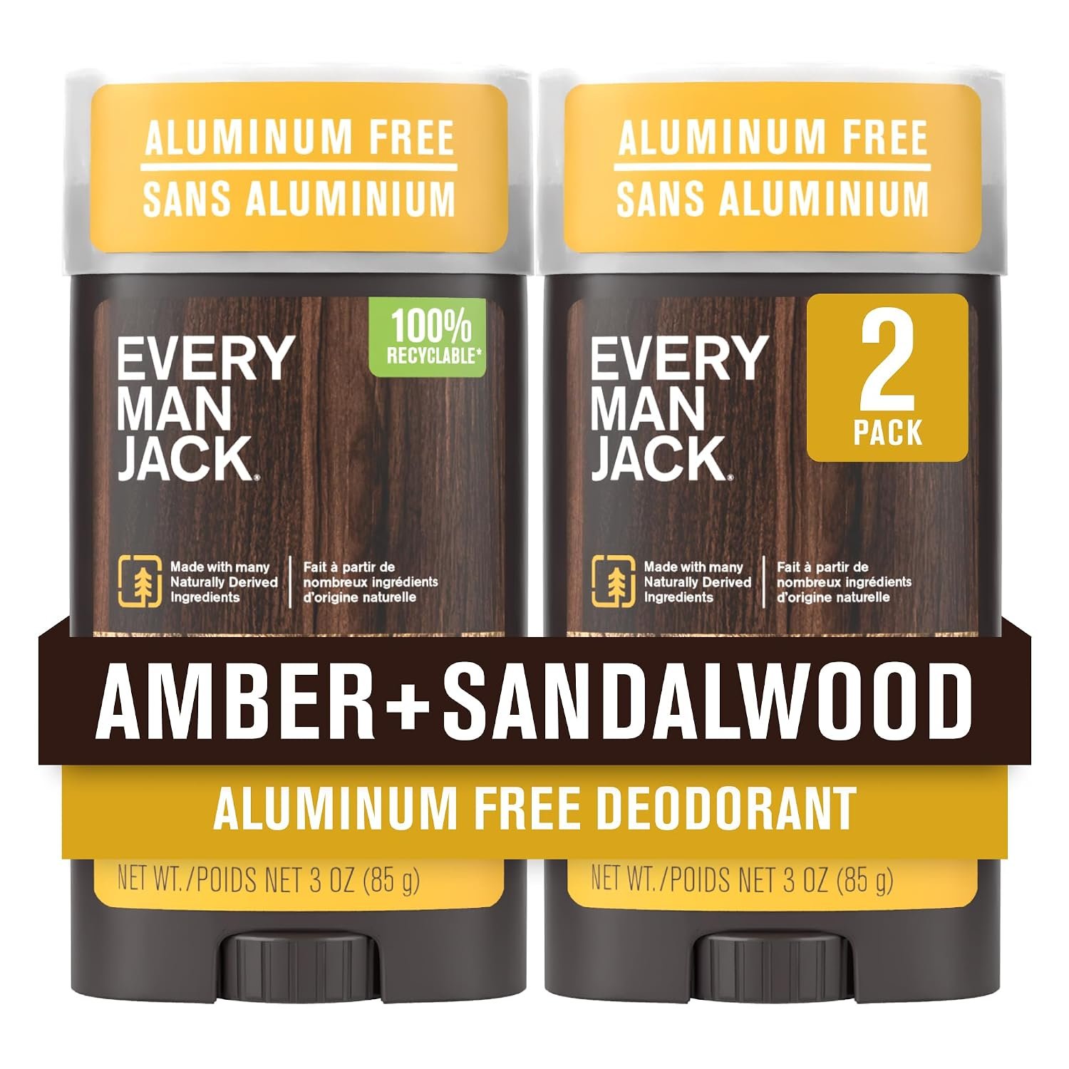 Every Man Jack Aluminum Free Deodorant for Men, Amber Sandalwood, 2pk