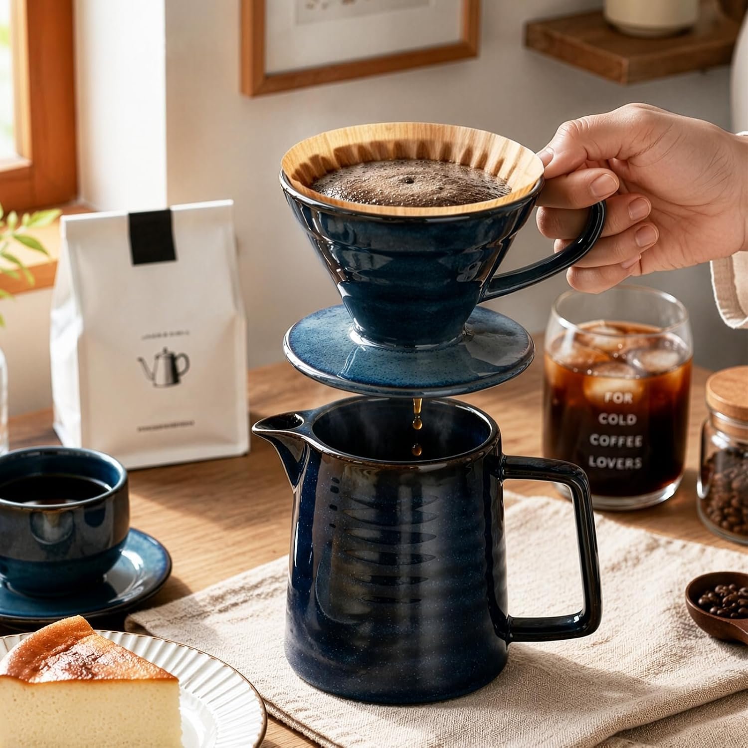 Pour Over Coffee Maker, Ceramic Coffee Dripper Set with 40pcs Paper Filters, 15oz/450ml Capacity, Unique Starry Blue Glaze, Compact Size 3.58″ x 4.47″ x 3.70″ for Home Office or Gift