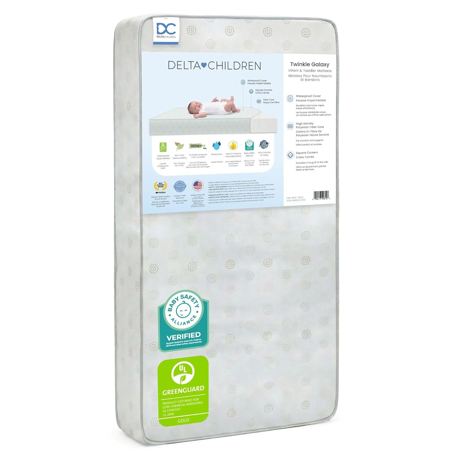 Delta Children Twinkle Galaxy Dual Sided Crib and Toddler Mattress – Premium Sustainably Sourced Fiber Core – Waterproof – GREENGUARD Gold Certified (Non-Toxic) – 7 Year Warranty – Made in USA