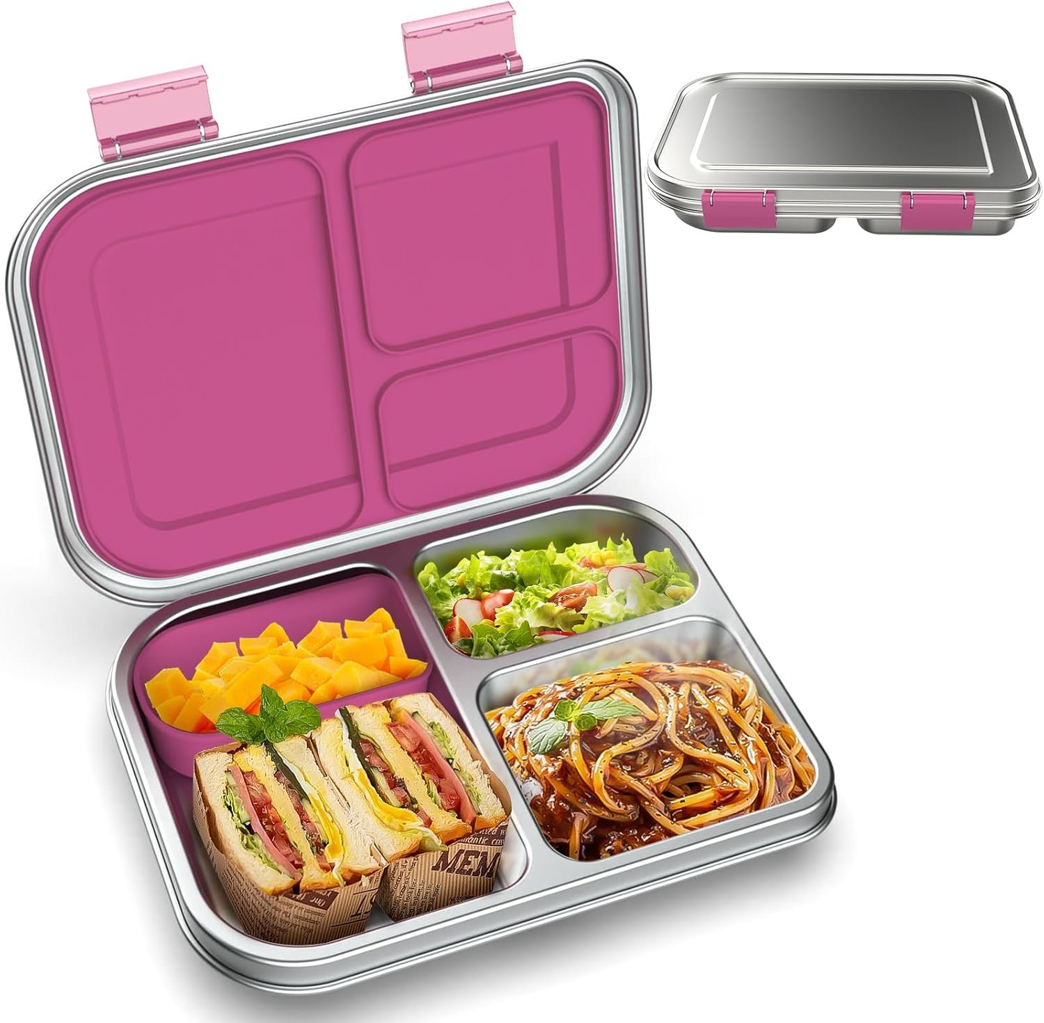 BOSEDSANG Stainless Steel Kids Leak-Resistant Bento Lunch Box, 3-Compartments with Silicone Container, Dishwasher-Safe, Child-Friendly Design for School, Picnics & Travel,BPA-Free(Pink)