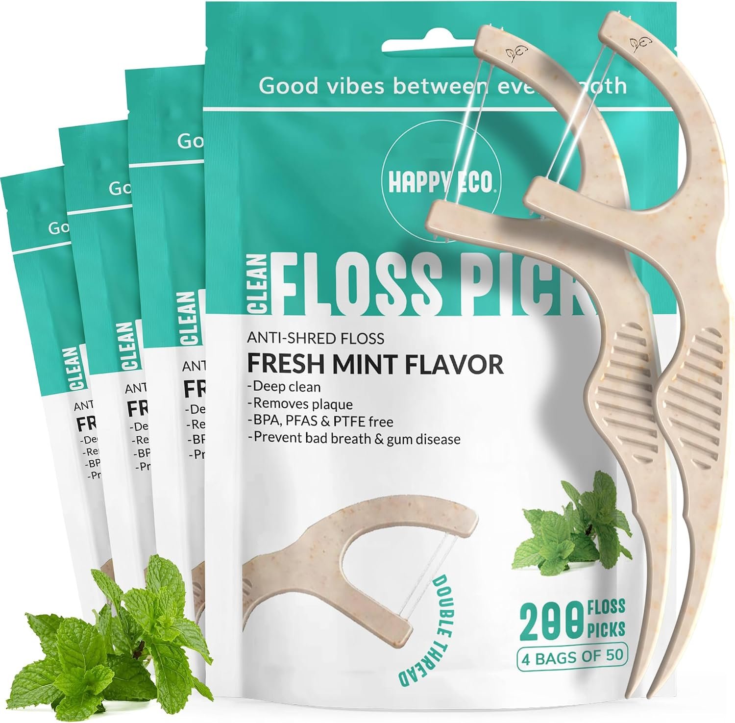 Dental Floss Picks, Double Thread, Mint, 200 Count, Corn-Straw Flossers