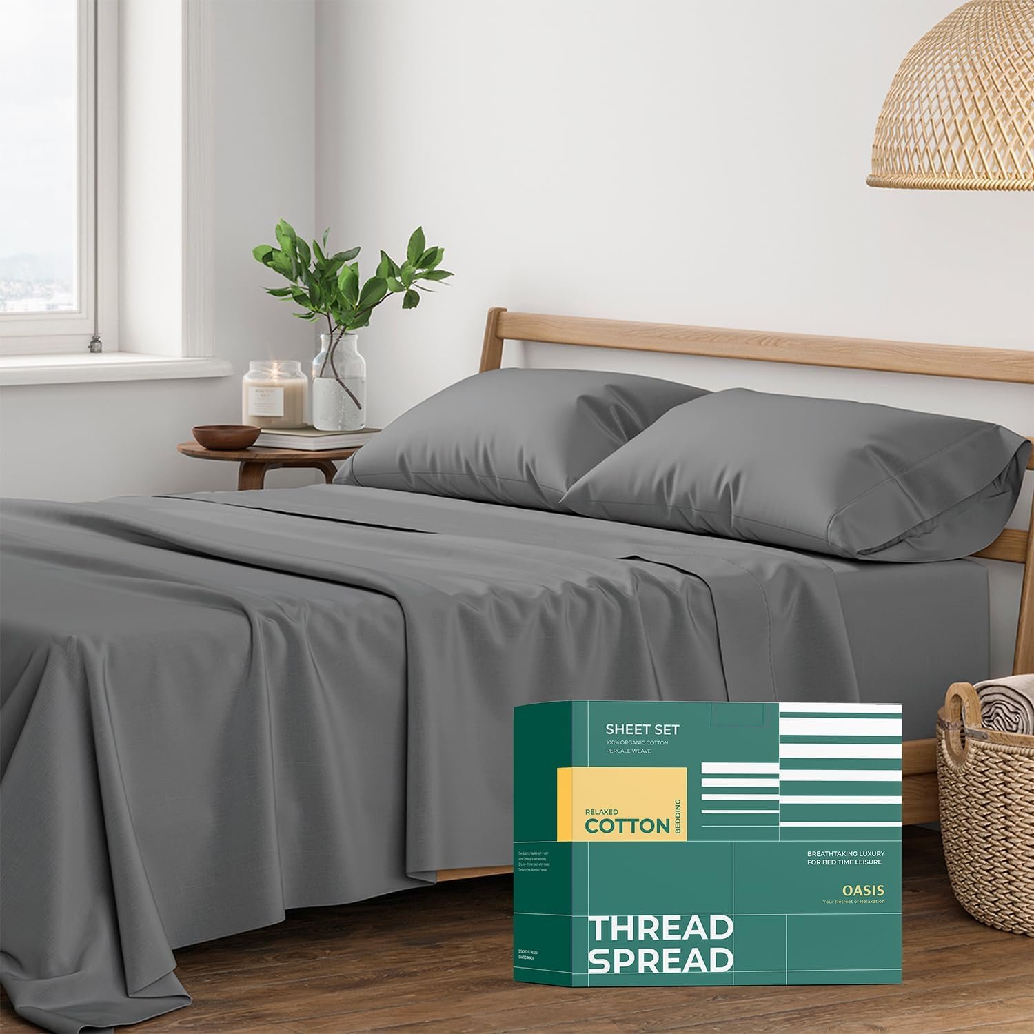 THREAD SPREAD 100% Organic Cotton Sheets Queen Size – 4 PC Organic Cotton Queen Size Percale Weave Sheet Set, Soft, Cooling, Crisp & Breathable, 16″ Deep Pocket Hotel Quality Bedding Set – Dark Grey