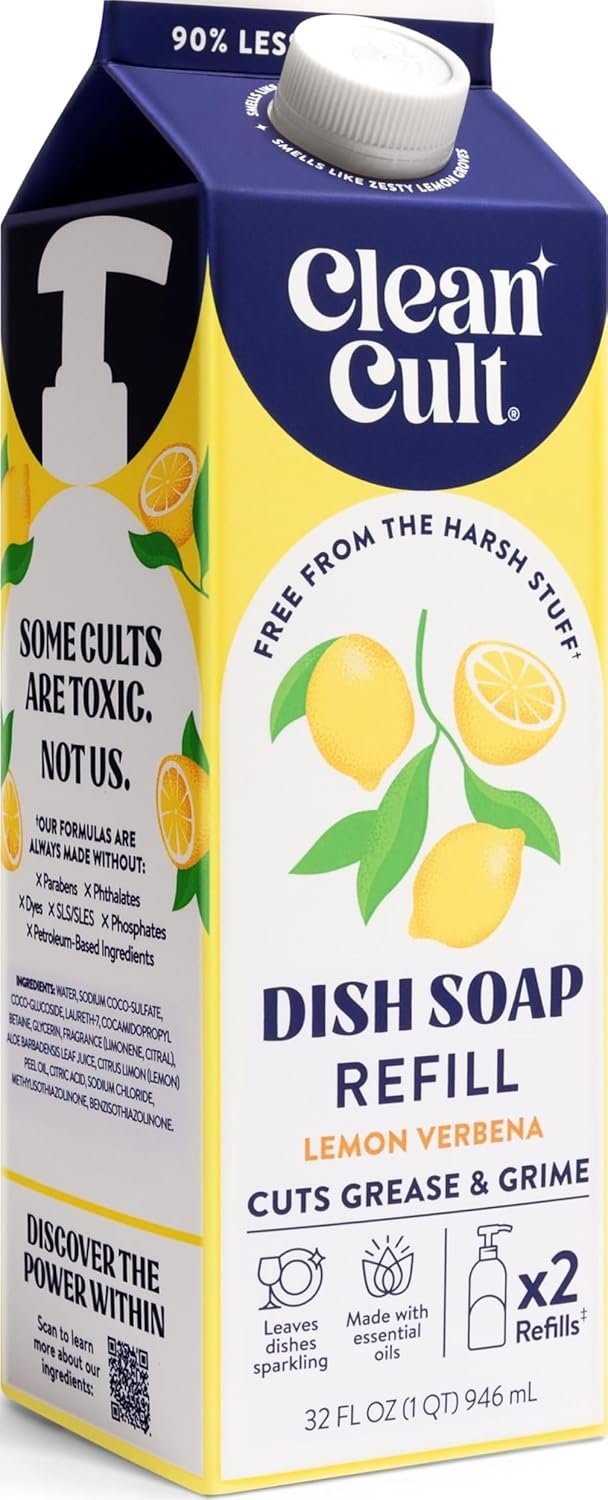 Cleancult Dish Soap Liquid Refill (32oz, 1 Pack) – Plant Based Cleaning Power – Dish Soap that Cuts Grease & Grime – Free of Harsh Chemicals – Uses 90% Less Plastic – Lemon Verbena