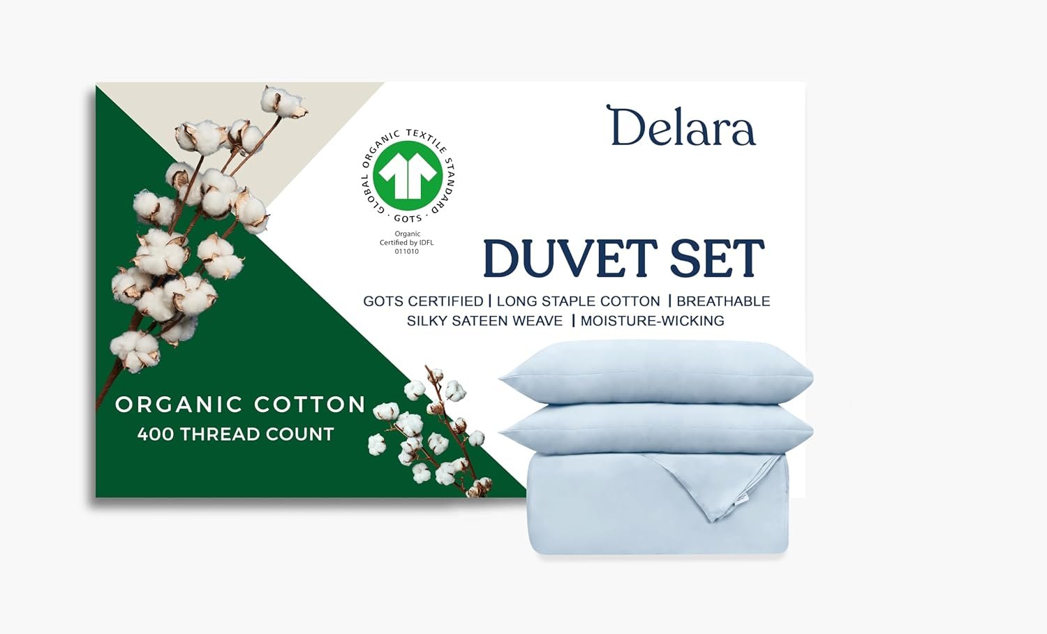 GOTS Certified 100% Organic Cotton Duvet Cover Set 400TC, Long Staple Cotton, Ultra Soft, Silky, Moisture-Wicking, Smooth & Breathable, Duvet for Hot Sleepers with 8 Internal Ties