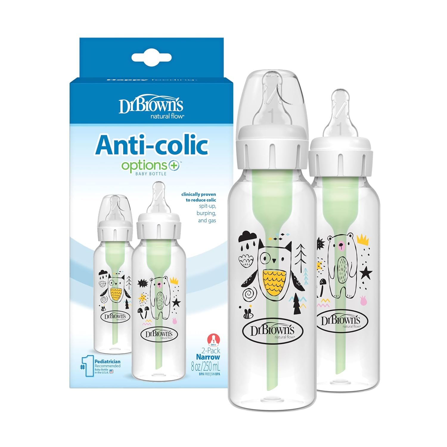 Dr. Brown’s Anti-Colic Options+ Narrow Baby Bottle, Bear & Owl, 2-Pack