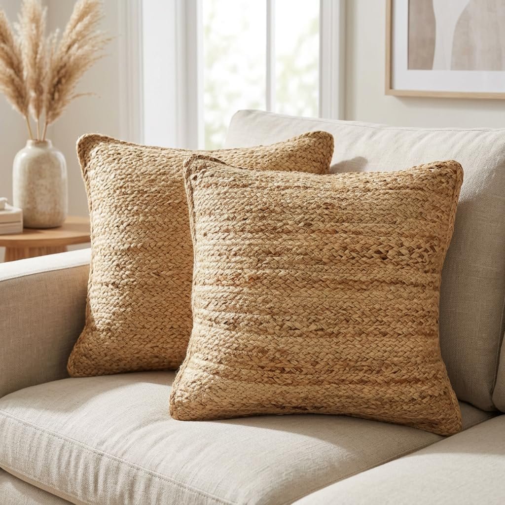 The Fine Living Co. Jute Pillow Covers 18×18, Set of 2 Jute Cushion Covers