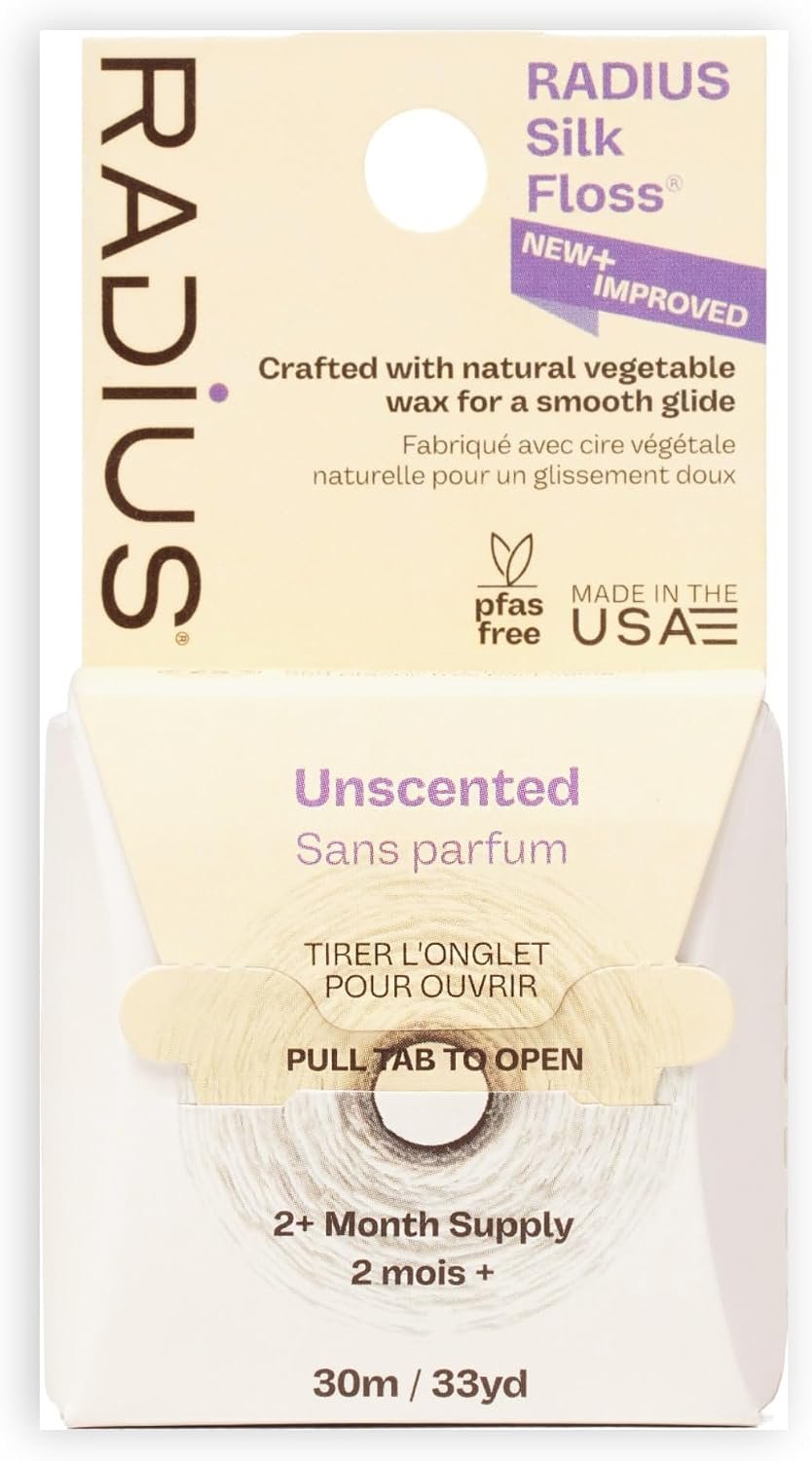 RADIUS Silk Dental Floss, Natural Biodegradable Floss for Sensitive Gums, PFAS Free, Compostable, Unscented, 30m / 33yd, Pack of 1