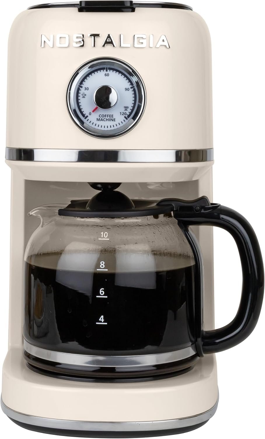 Nostalgia Classic Retro 10 Cup Coffee Maker – One-Touch Drip Brew, Reusable Filter – Anti-Drip, Auto Shutoff, & Time Display – Dishwasher Safe 50 oz Carafe – Cream