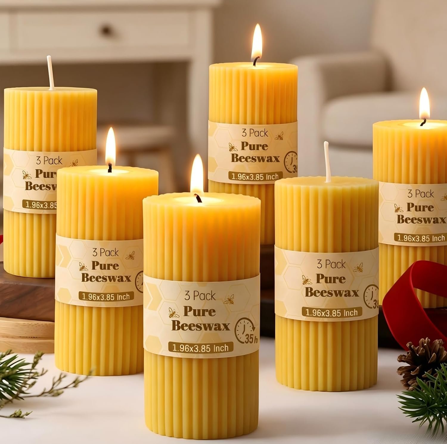 DEVI 6 Pack Pure Beeswax Pillar Candles Bulk-210 Hours, Organic Bees Wax Candles for Home Decor-1.96×3.85 Inch, Unscented Natural Bees Wax Pillar Bulk Candles for Thanksgiving Party