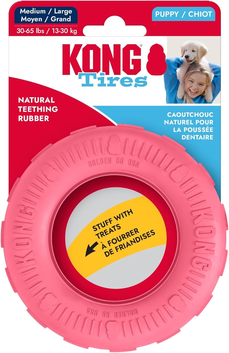 KONG Puppy Tires, Natural Rubber Teething Toy, Medium/Large Puppies, Pink