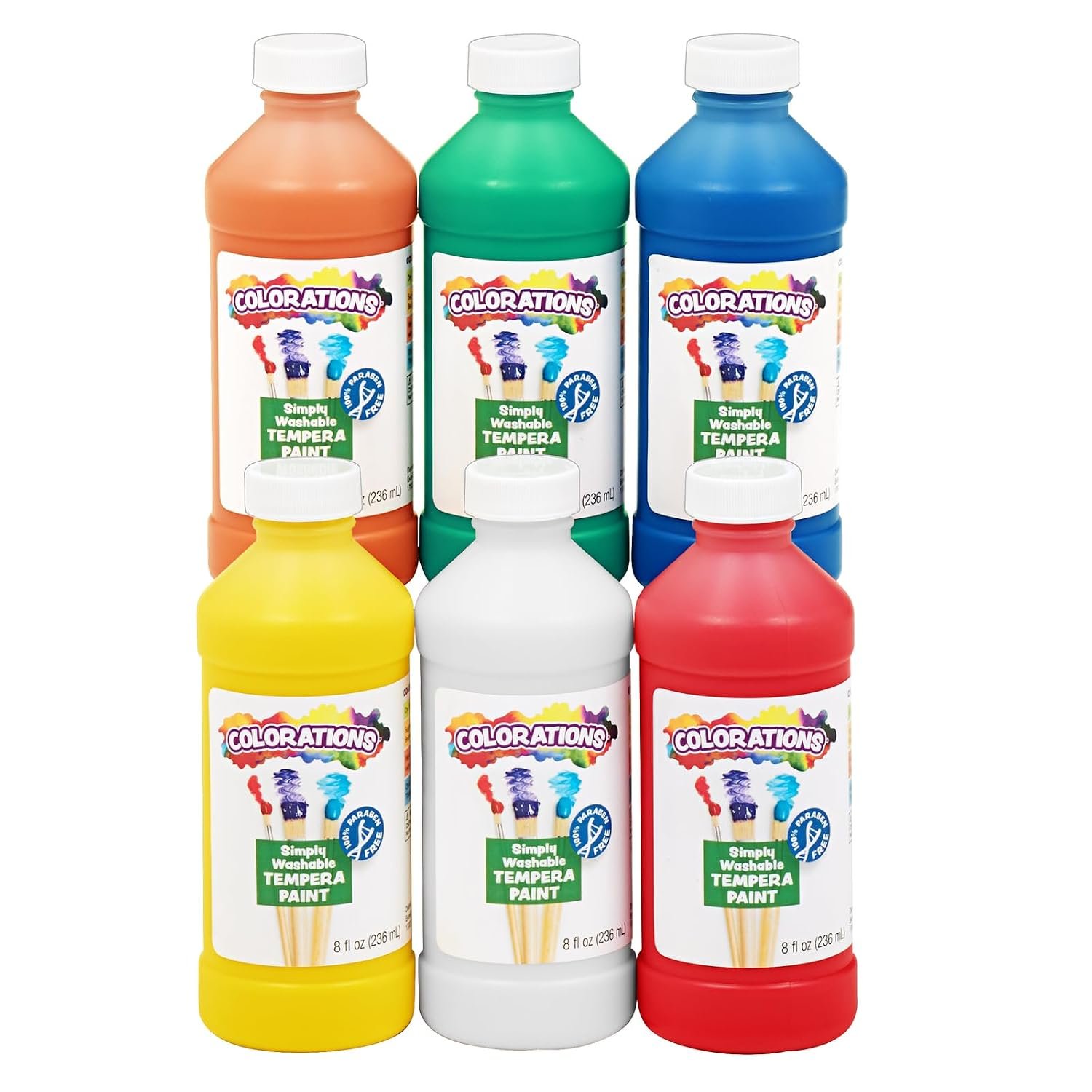 Colorations Paraben-Free Washable Tempera Paint for Kids – 8 Ounce Bottles, Set of 6 Primary Colors, Non-Toxic and Made in The USA
