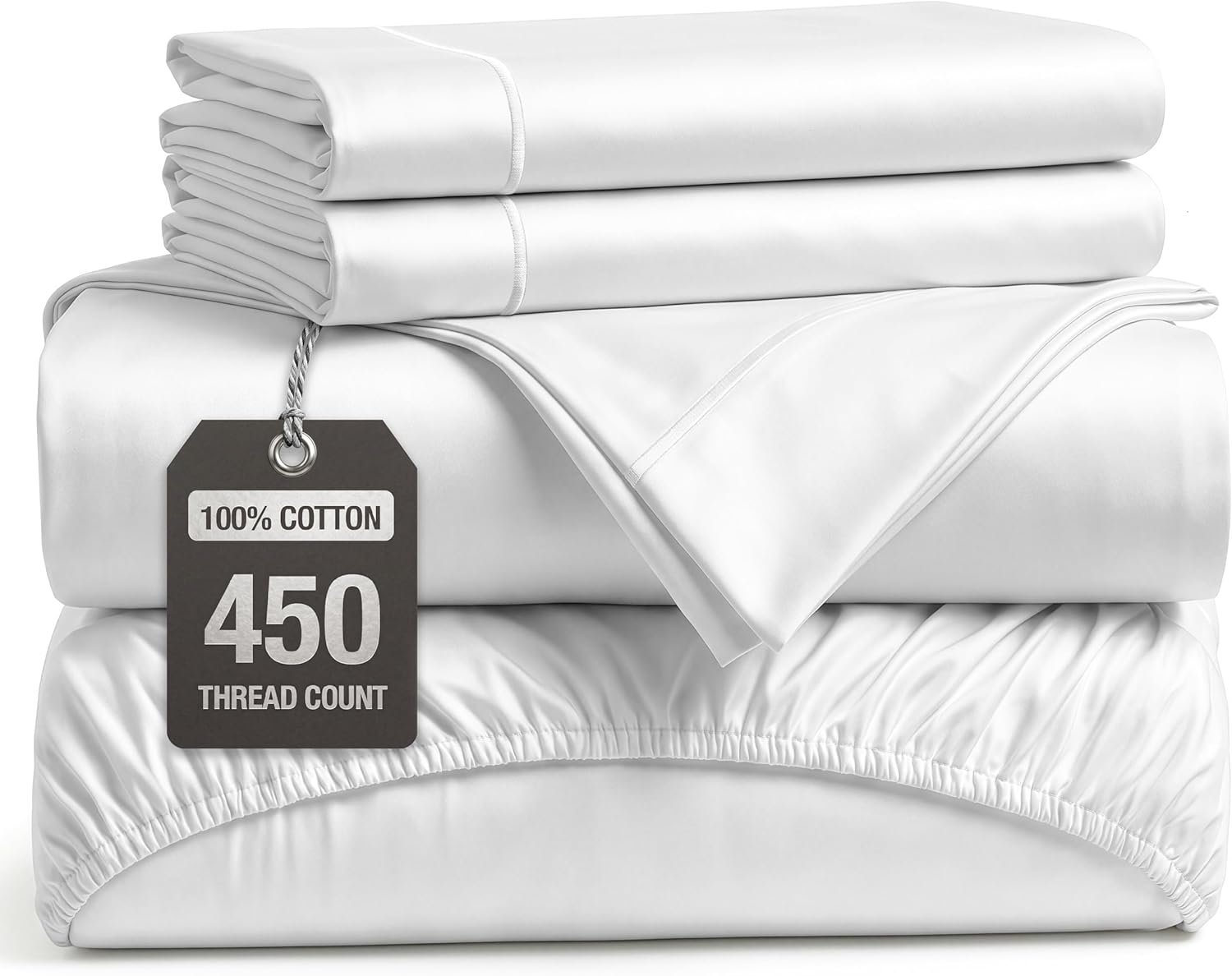 450TC 100% Long-Staple Cotton Full Bed Sheets – Soft Sateen Weave, White