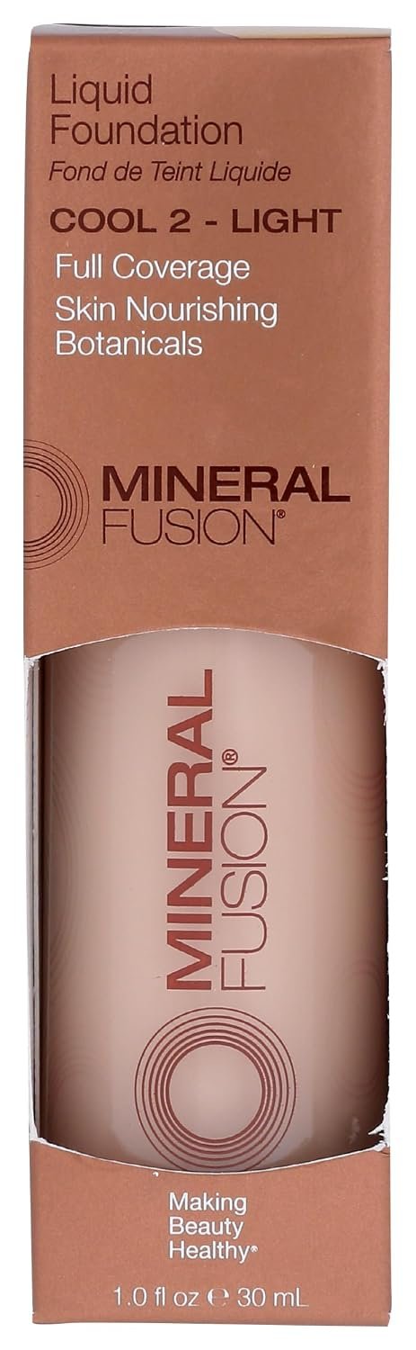 Mineral Fusion Full Coverage Foundation, Liquid Foundation – Cool 2- Light Complexion w/Cool Undertones, Lightweight Matte Finish, Up to 12 Hr Hydration, Hypoallergenic & Vegan, 1 fl. Oz