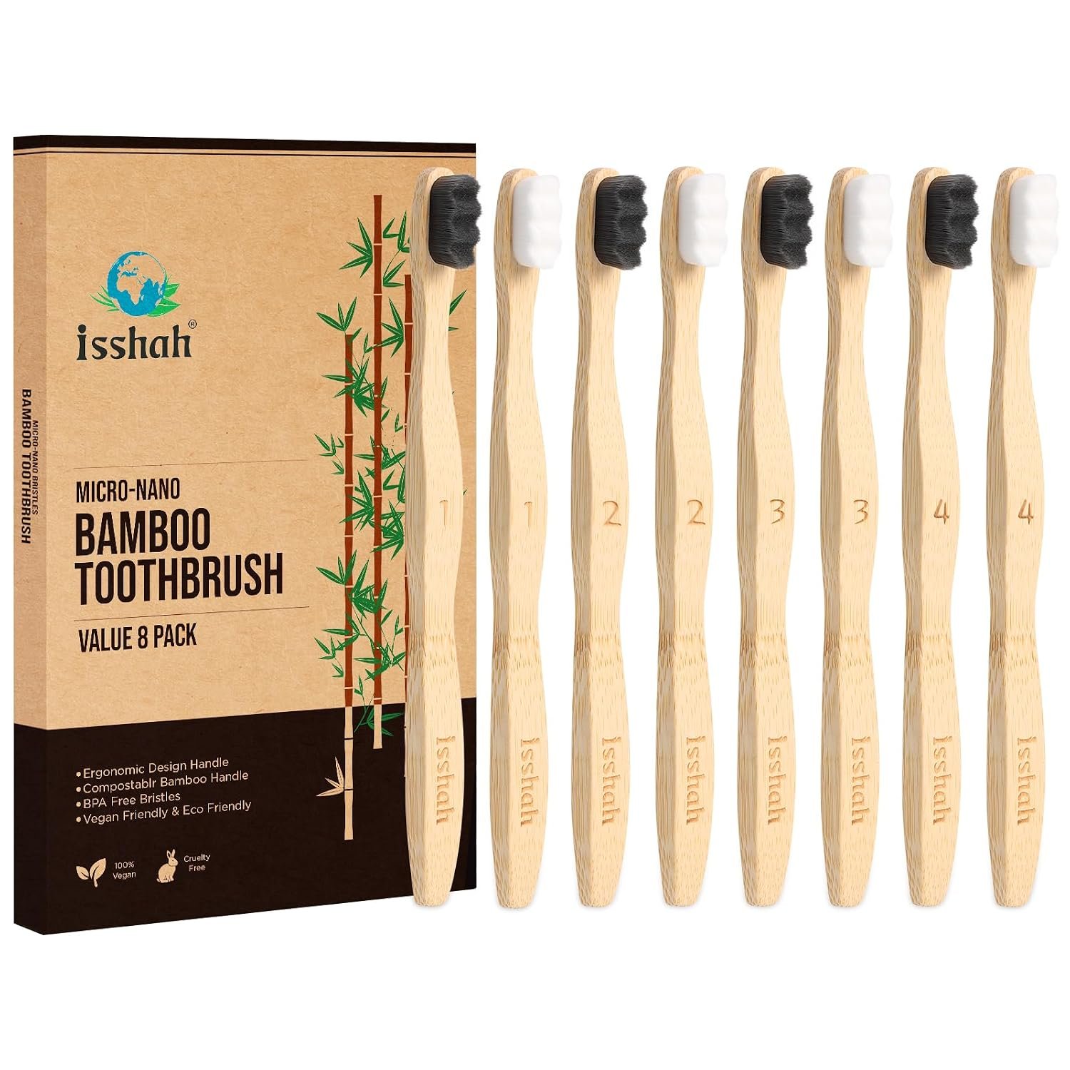 Isshah Extra Soft 20K Bristles Bamboo Toothbrush – Sensitive Gum – 8 Pack