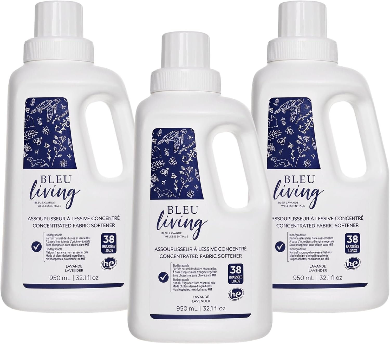 Bleu Lavande – 3-Pack Natural Fabric Softener – Concentrated Lavender Liquid Softener – Biodegradable, Eco-friendly, Hypoallergenic – Chloride & Phosphate-free – Aromatherapy – (38 loads-950 ml) x3